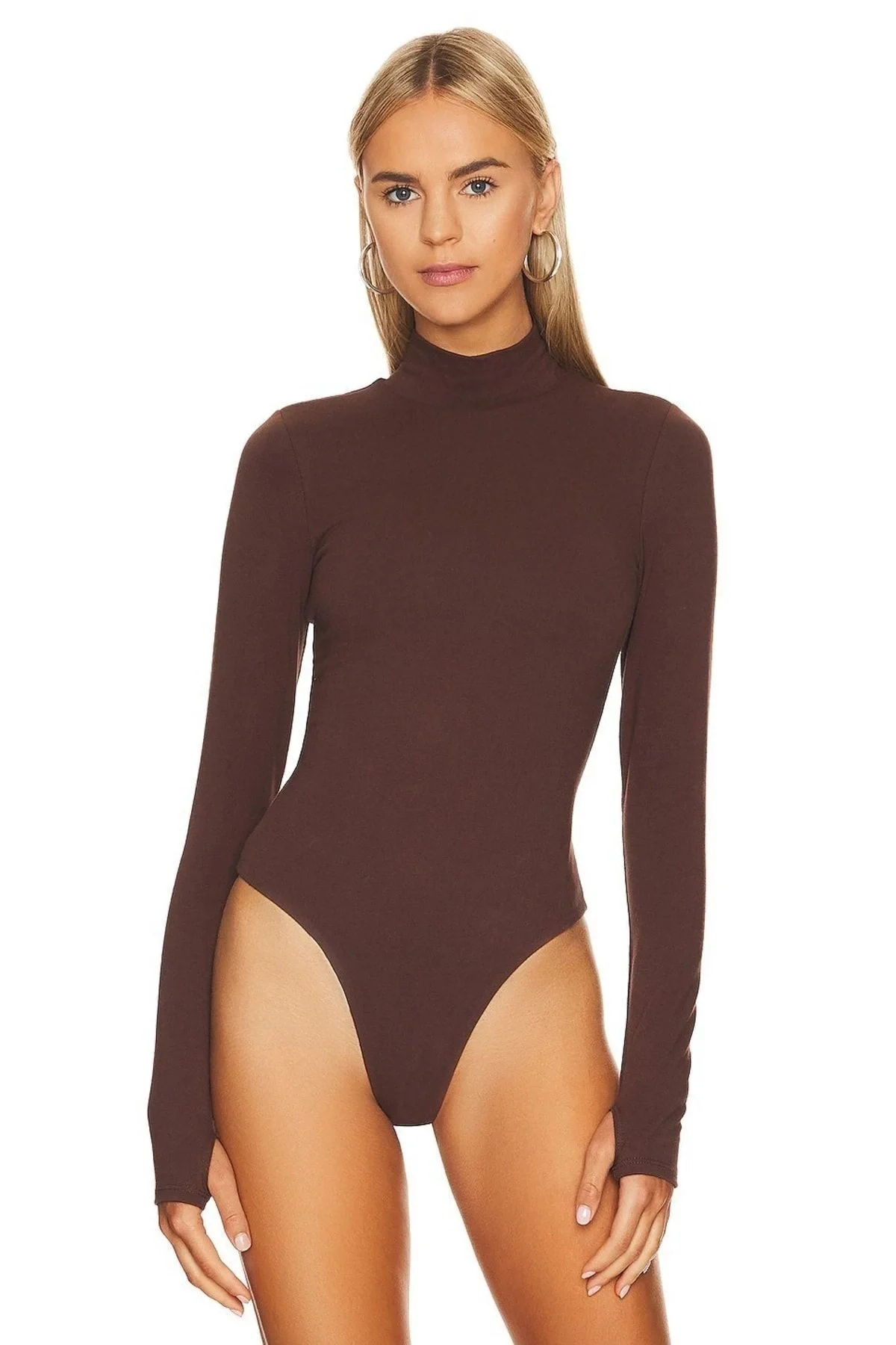 Kadın Kahverengi Balıkçı Yaka Parmak Geçirmeli Sandy Kumaş Tanga Bodysuit