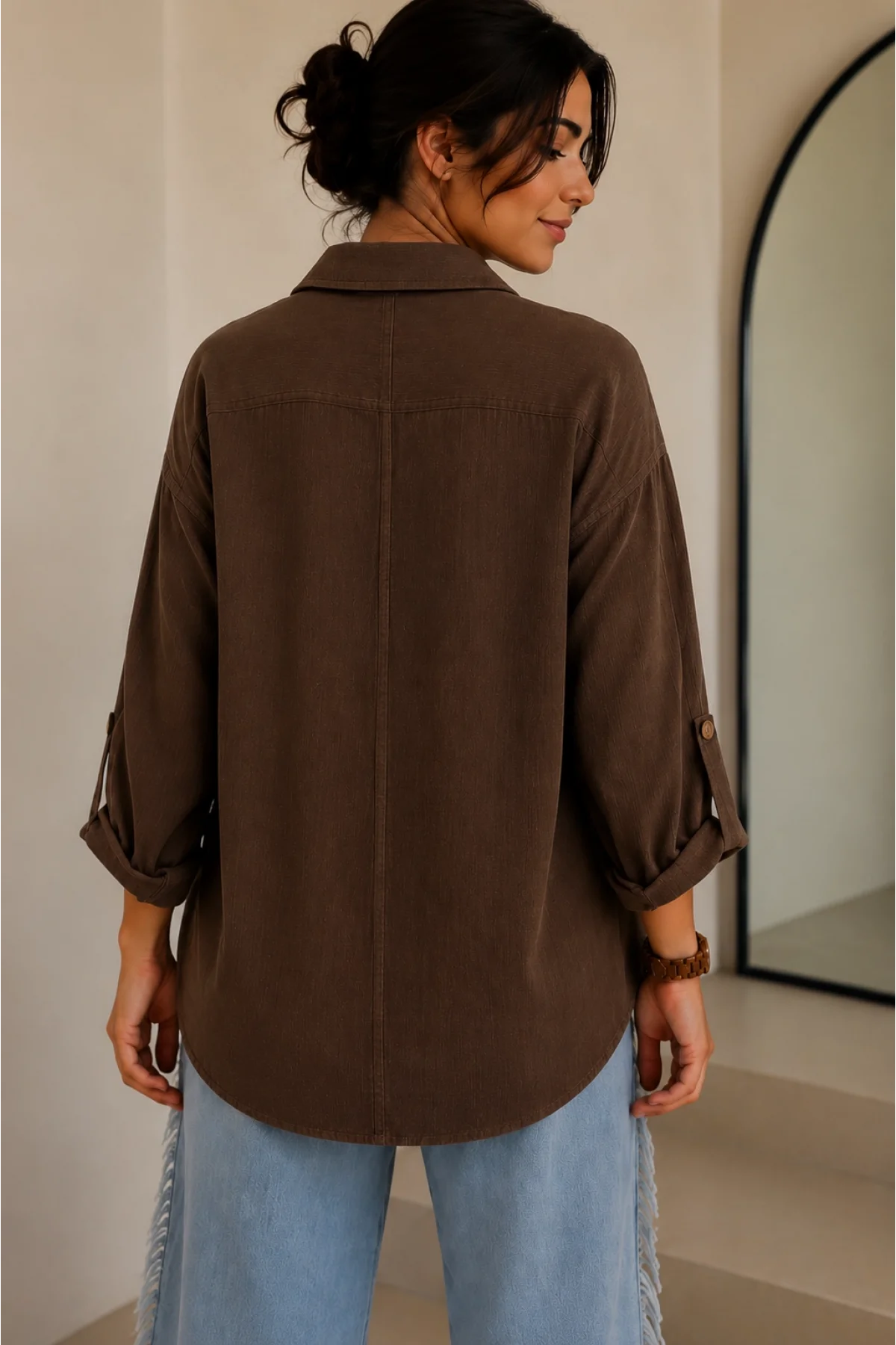 Kadın Kahverengi Pamuklu Keten Çift Cepli Ahşap Düğme Pinterest Oversize Gömlek