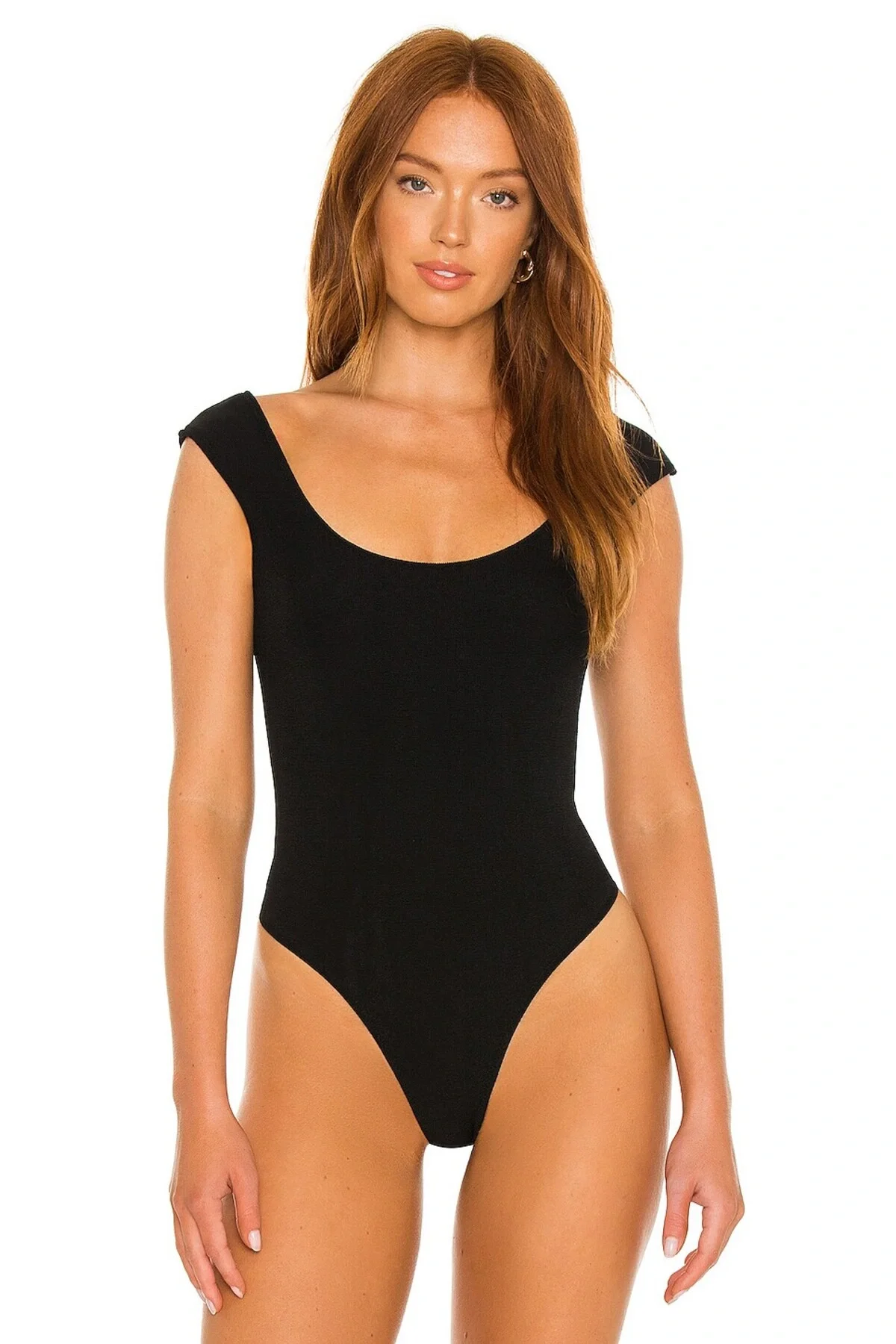 Kadın Siyah Çift Katlı Sandy U Yaka Sırt Dekolteli Kısa Kol Çıtçıtlı Tanga Bodysuit