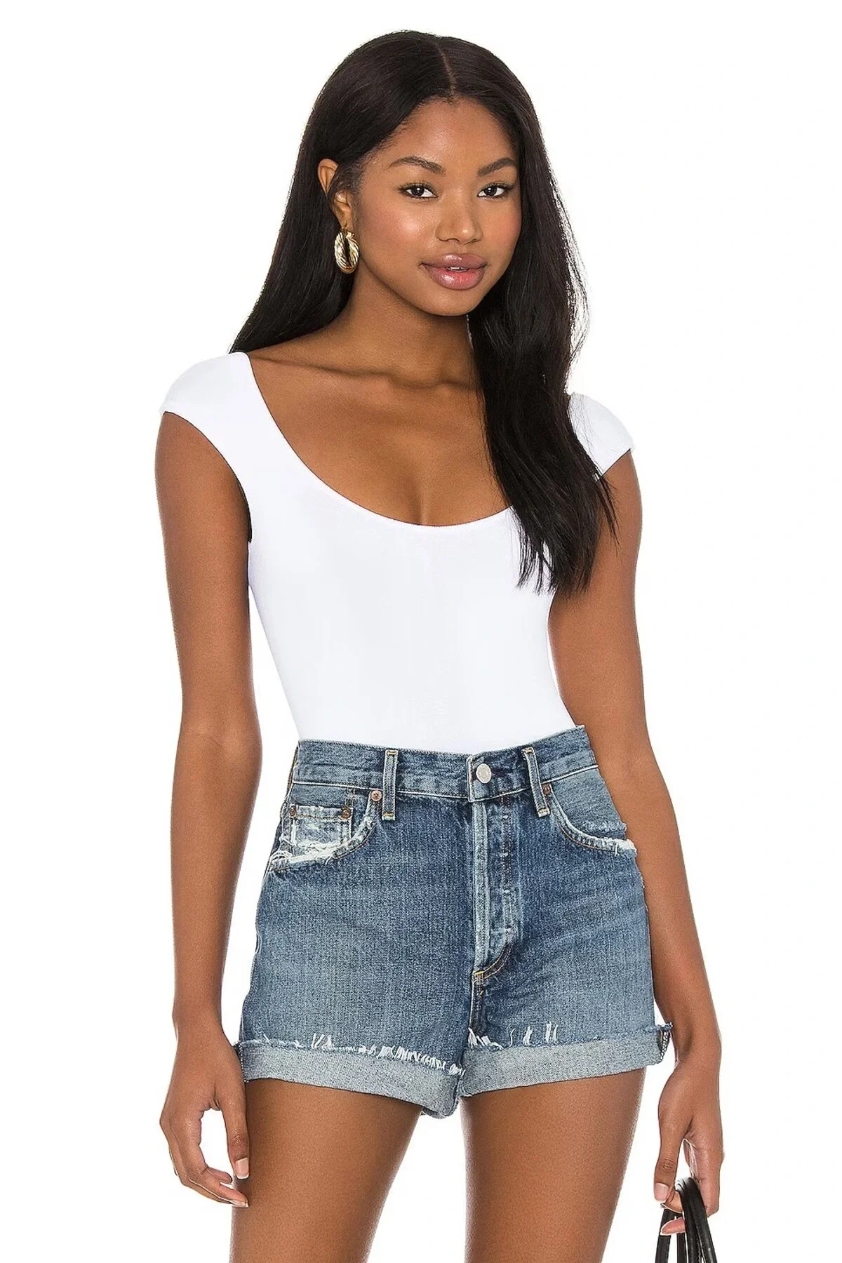 Beyaz Çift Katlı Sandy Sırt Dekolteli U Yaka Kısa Kol Çıtçıtlı Tanga Bodysuit