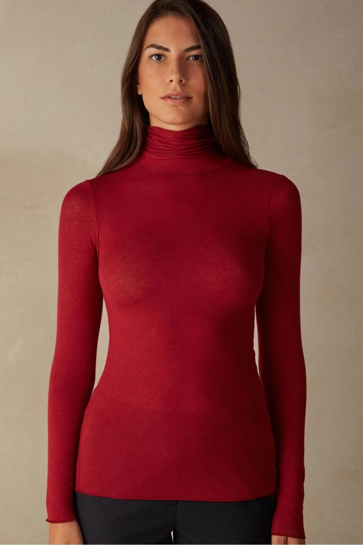 Kadın Kırmızı Balıkçı Yaka Uzun Kollu Çift Katlı Sandy Kumaş Çıtçıtlı Body