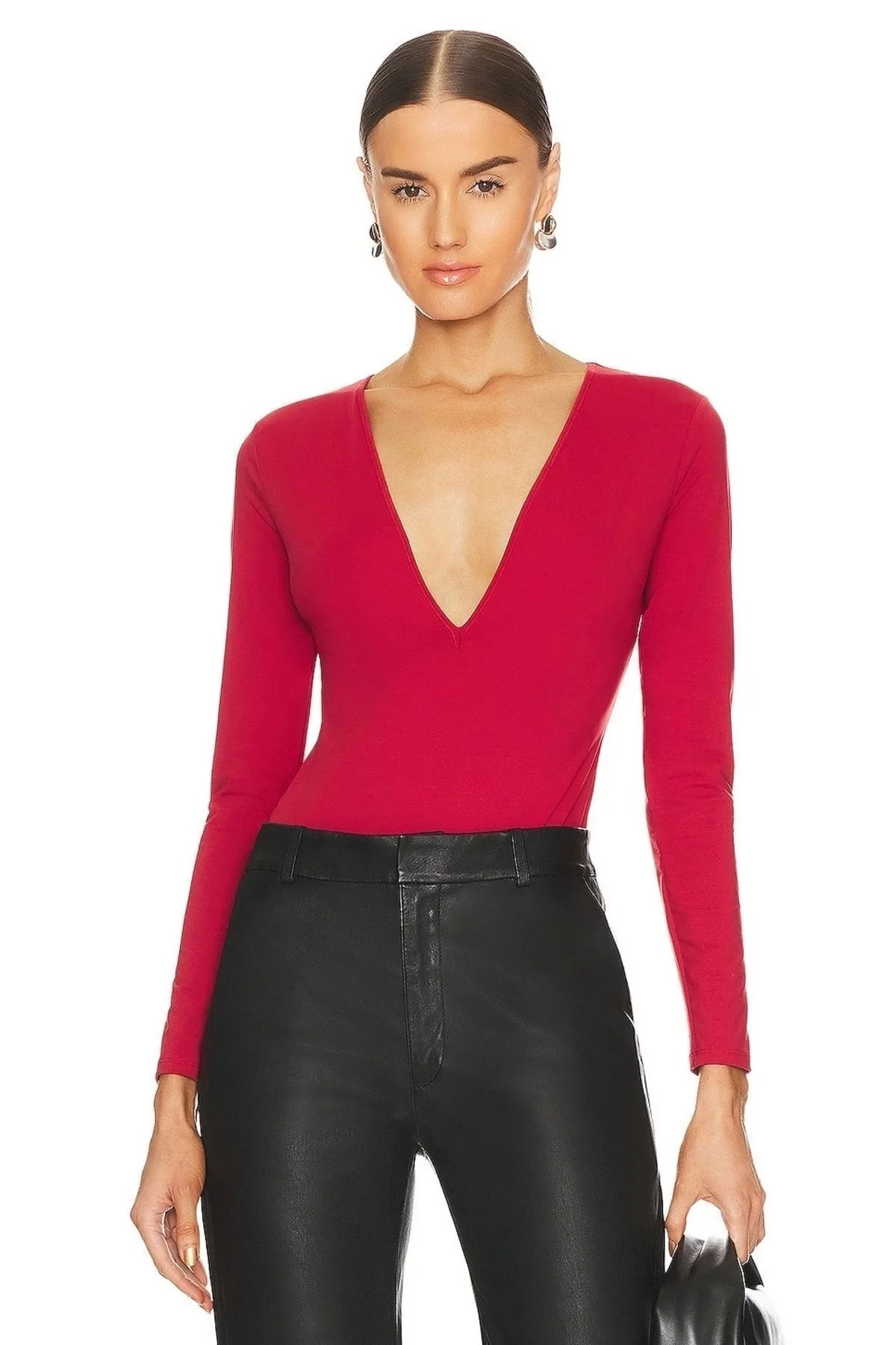 Kadın Kırmızı V Yaka Uzun Kollu Çift Katlı Sandy Kumaş Tanga Bodysuit