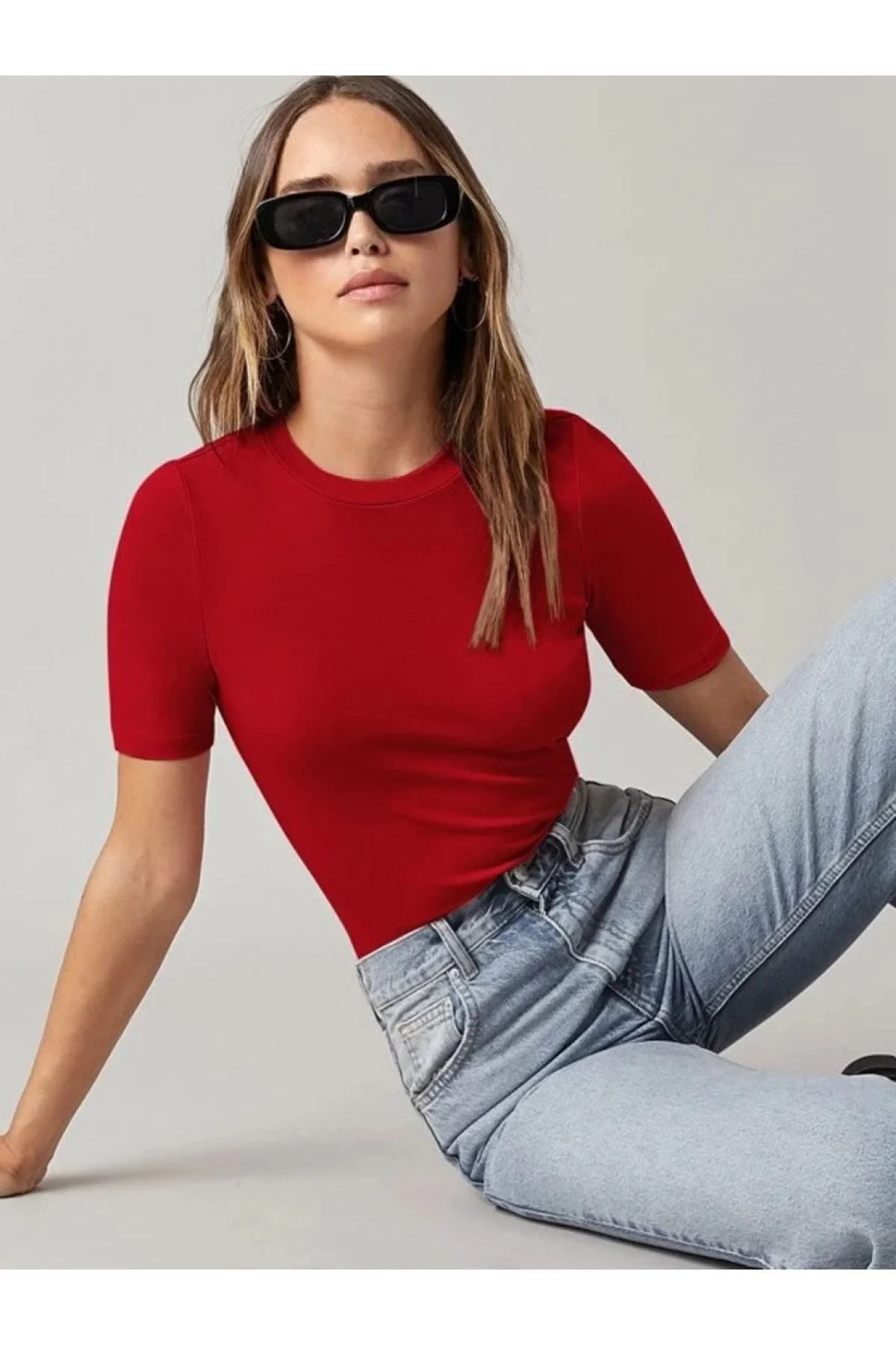 Kadın Kırmızı Bisiklet Yaka Çift Katlı Sandy Kumaş Çıtçıtlı Bodysuit