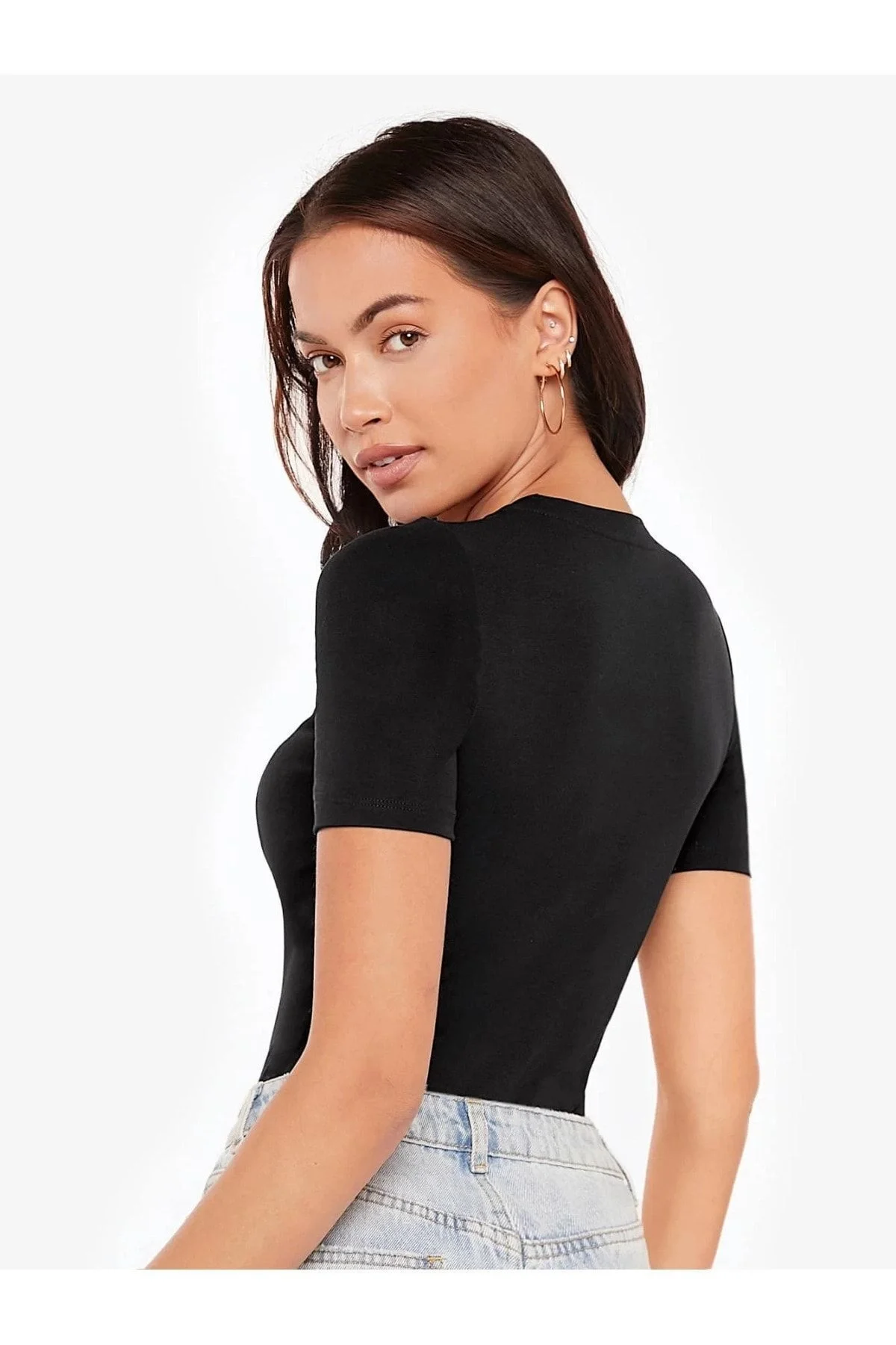 Kadın Siyah Bisiklet Yaka Çift Katlı Sandy Kumaş Çıtçıtlı Bodysuit