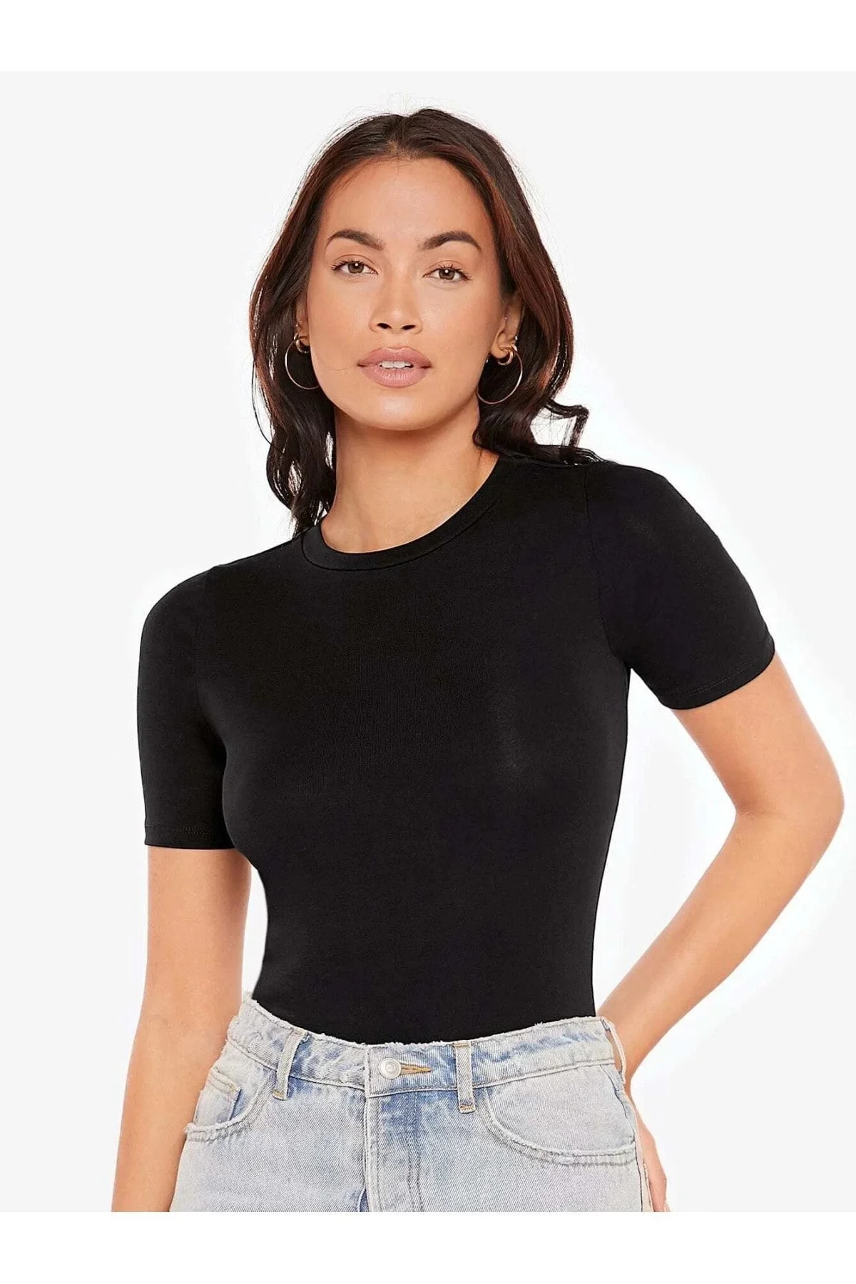 Kadın Siyah Bisiklet Yaka Çift Katlı Sandy Kumaş Çıtçıtlı Bodysuit