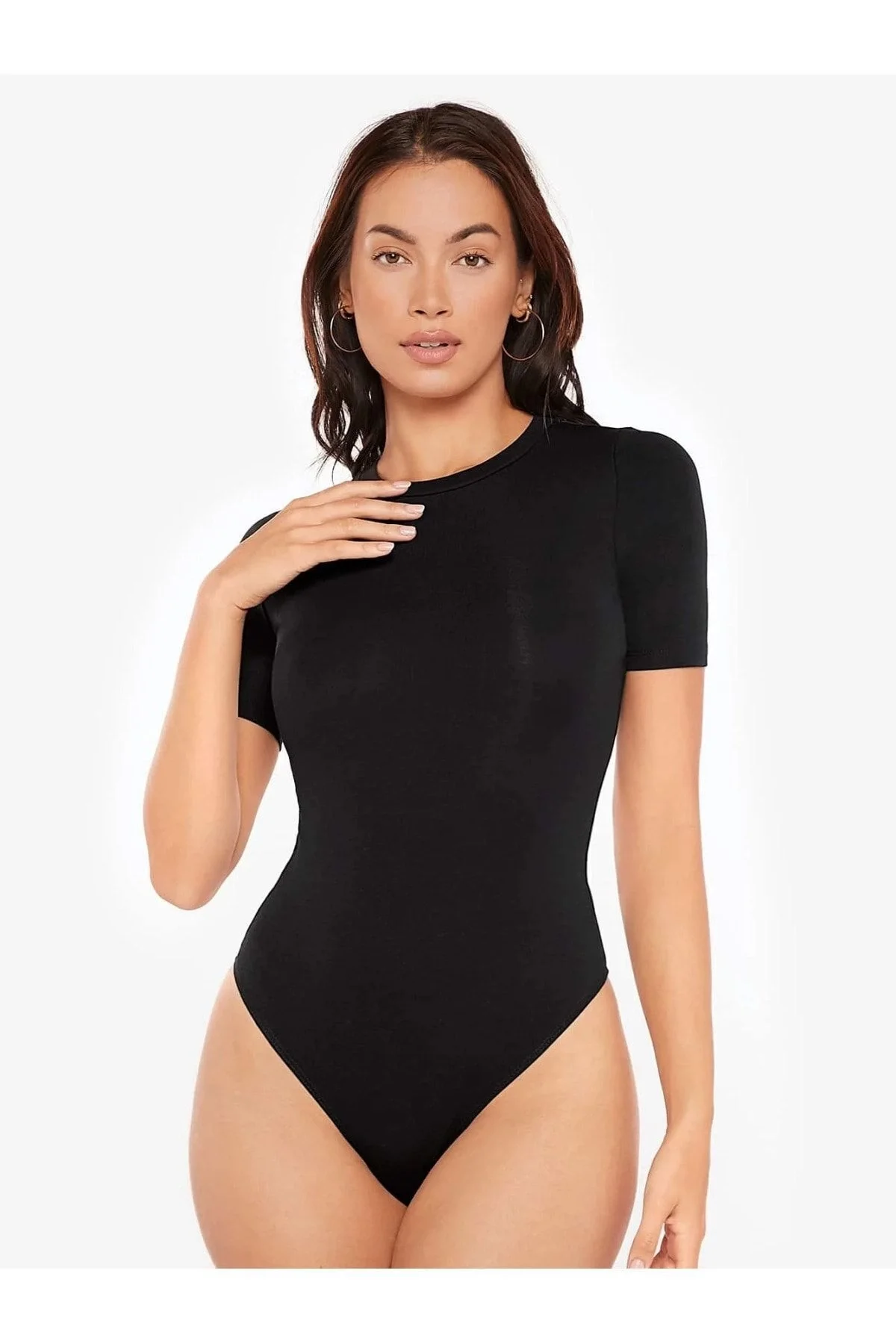 Kadın Siyah Bisiklet Yaka Çift Katlı Sandy Kumaş Çıtçıtlı Bodysuit