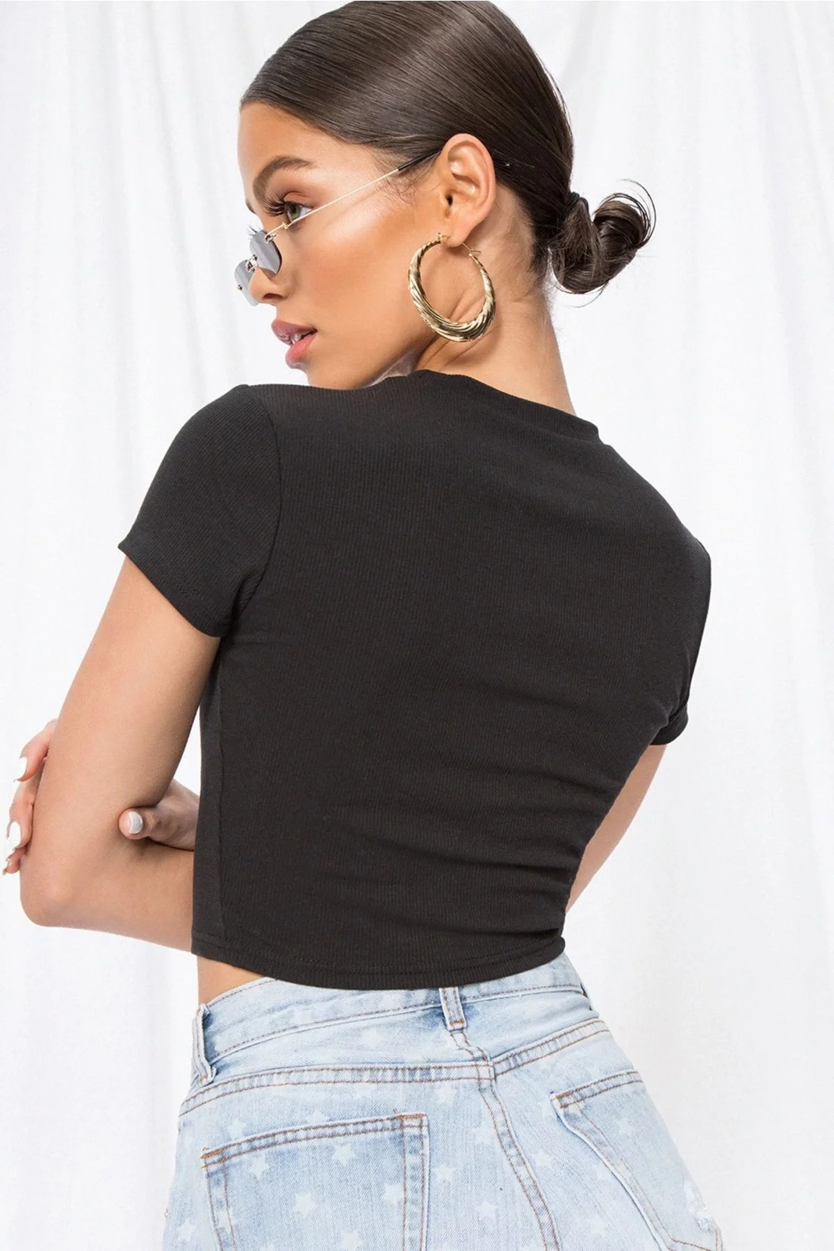 Kadın Siyah Bisiklet Yaka Kısa Kollu Fitilli Çift Katlı Crop Bluz