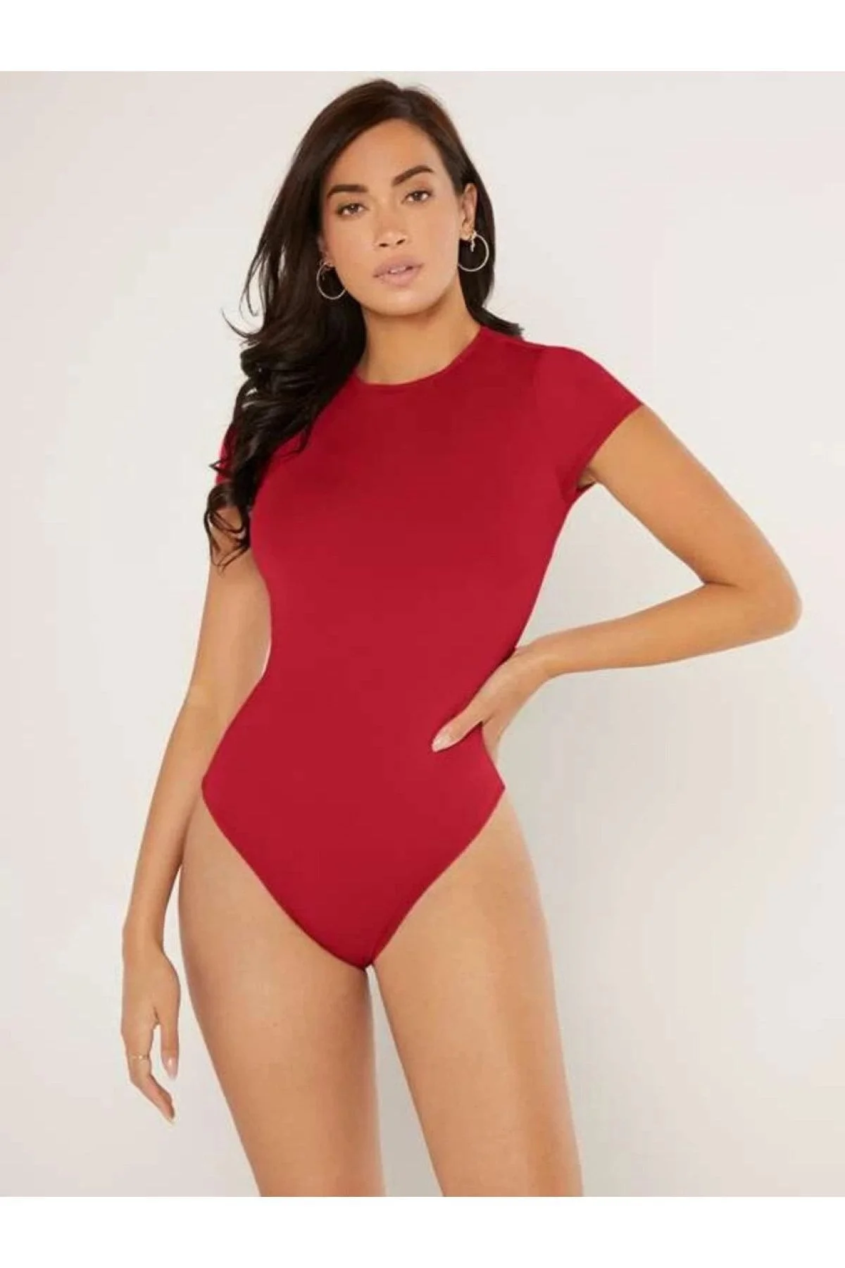 Kadın Kırmızı Bisiklet Yaka Kısa Kollu Çift Katlı Sandy Kumaş Çıtçıtlı Bodysuit