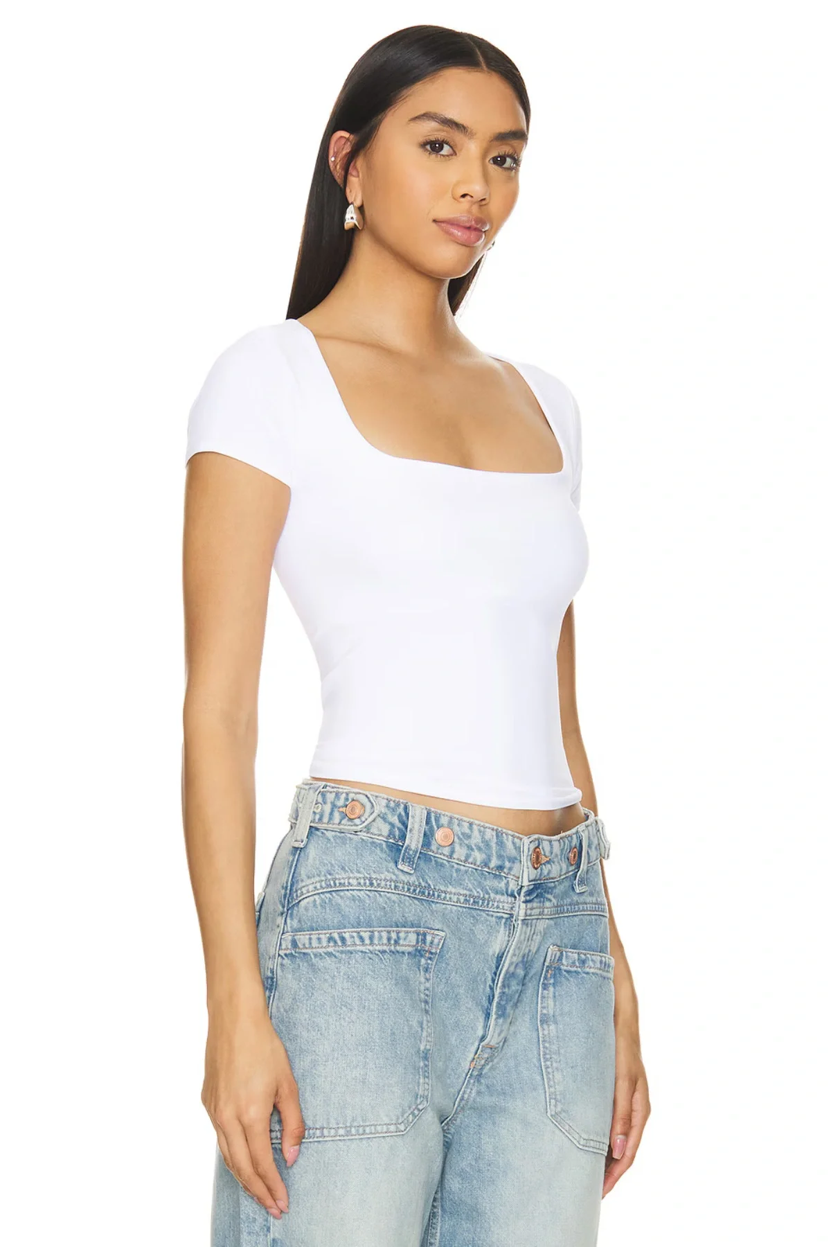 Kadın Beyaz Çift Katlı Sandy Kumaş Kare Yaka Kısa Kol Crop Tişört