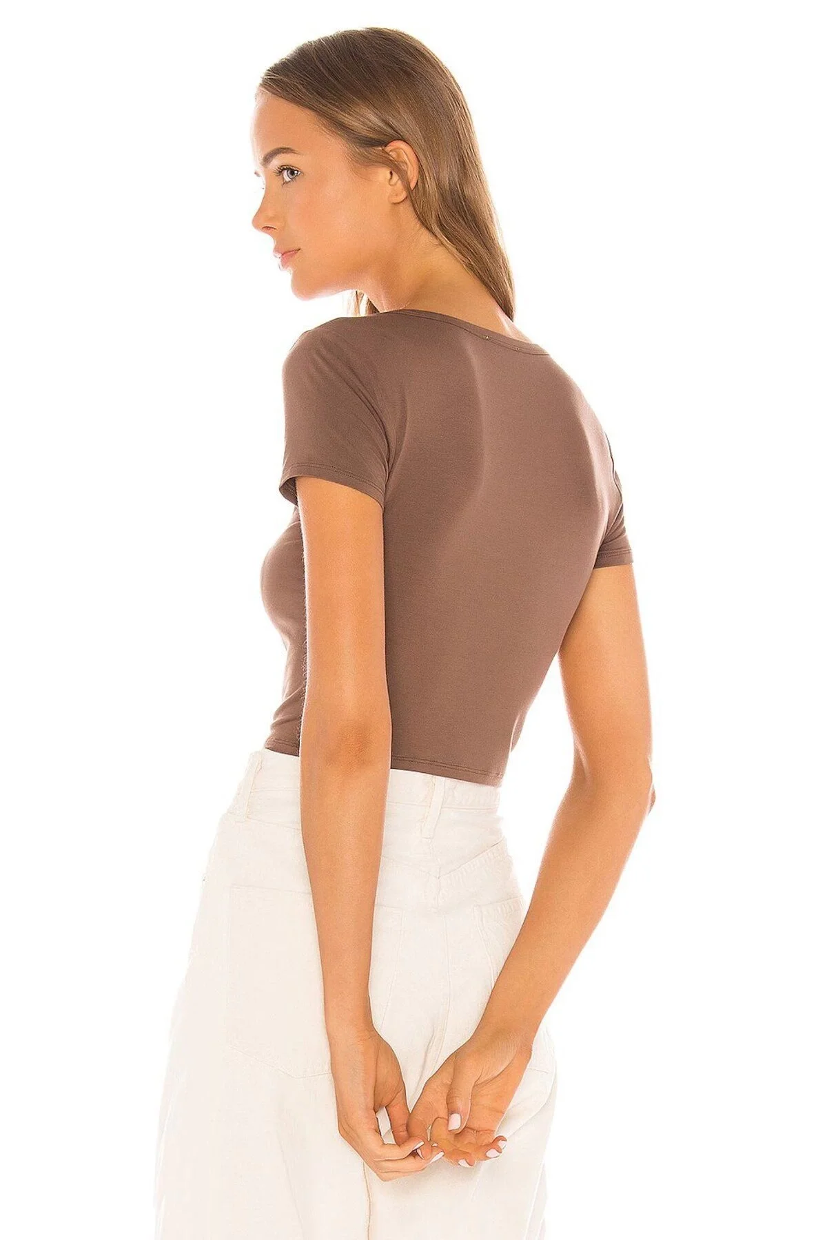 Kadın Kahverengi U Yaka Kısa Kollu Likralı Basic Vücudu Saran Crop Top Tişört