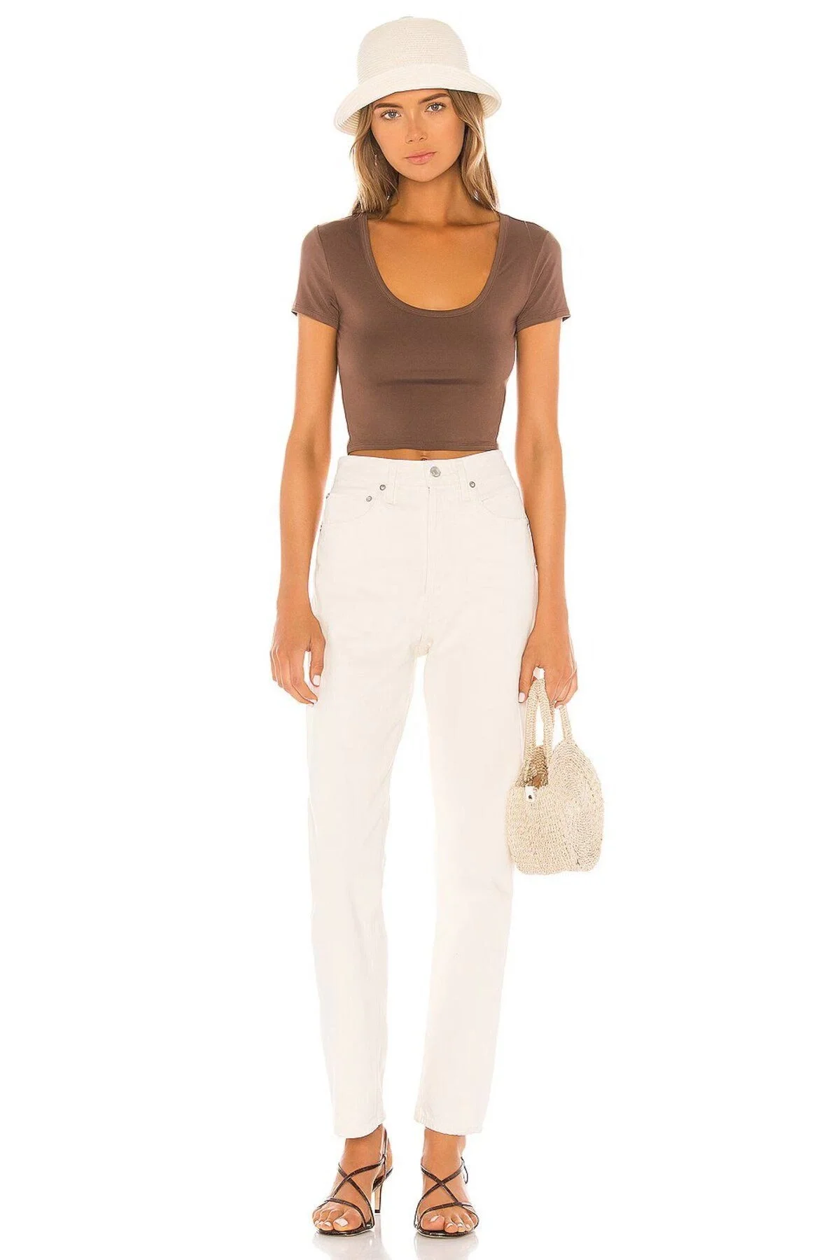 Kadın Kahverengi U Yaka Kısa Kollu Likralı Basic Vücudu Saran Crop Top Tişört