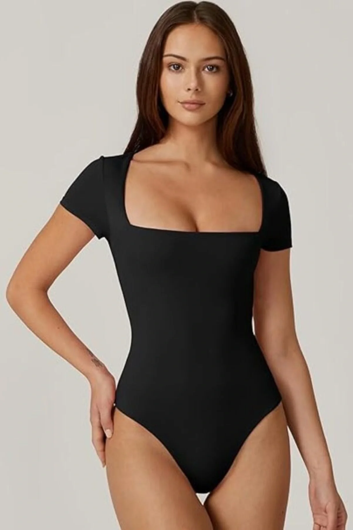Kadın Siyah Çift Katlı Sandy Kumaş Kare Yaka Kısa Kol Çıtçıtlı Tanga Bodysuit