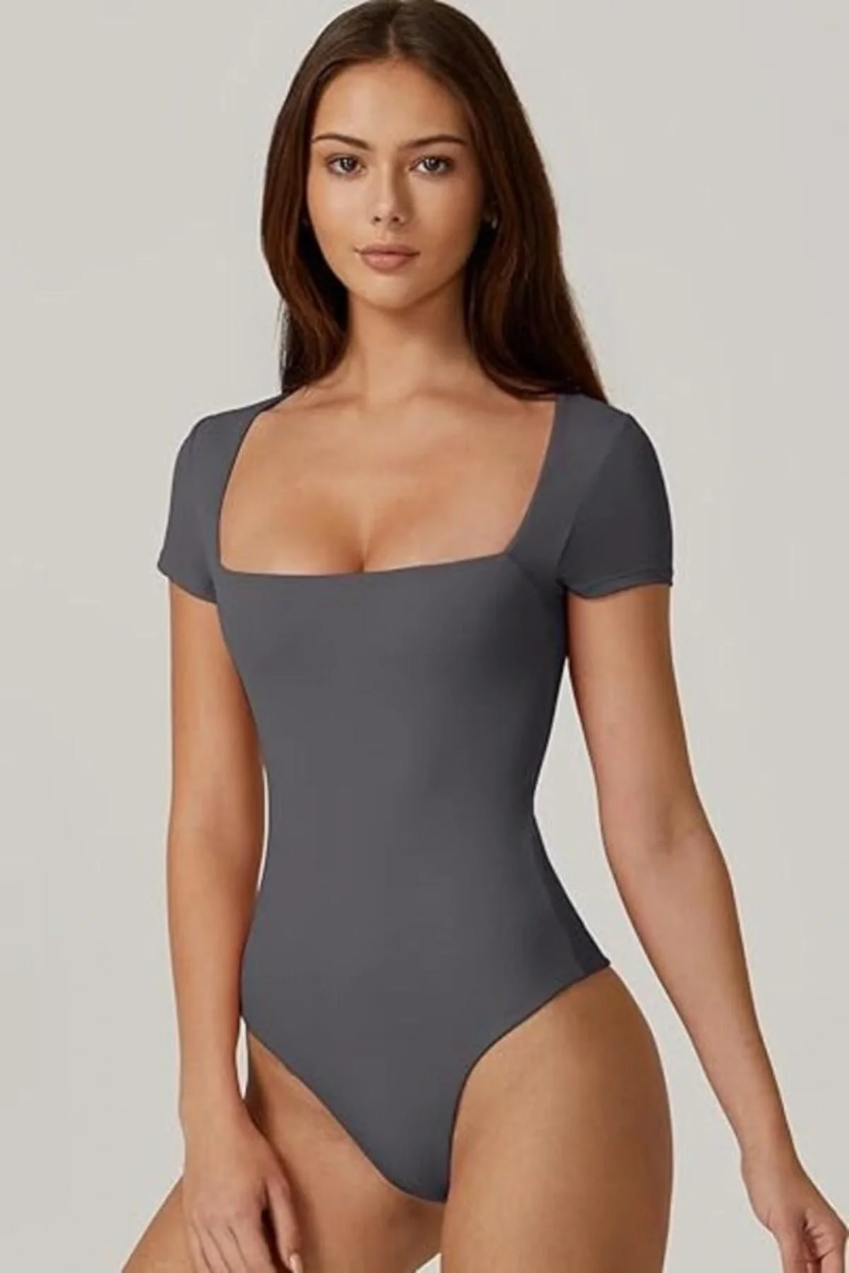 Kadın Kısa Kollu Kare Yaka Çift Kat İpek Jarse Bodysuit K34