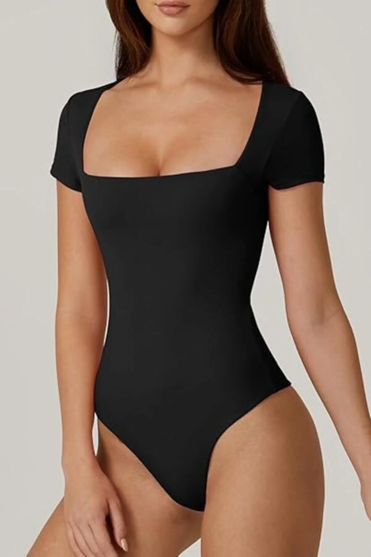 Kadın Siyah Çift Katlı Sandy Kumaş Kare Yaka Kısa Kol Çıtçıtlı Tanga Bodysuit