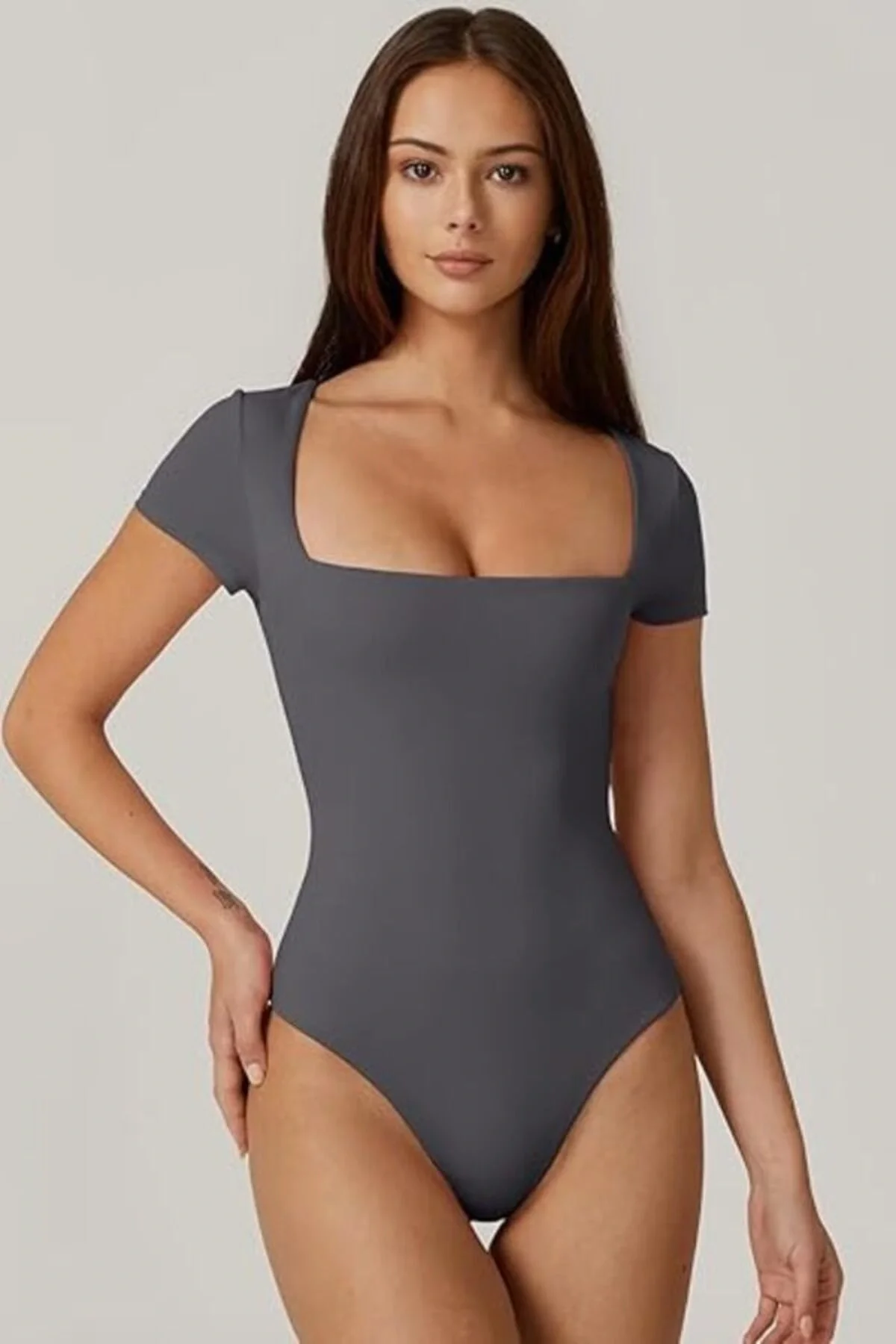 Kadın Kısa Kollu Kare Yaka Çift Kat İpek Jarse Bodysuit K34