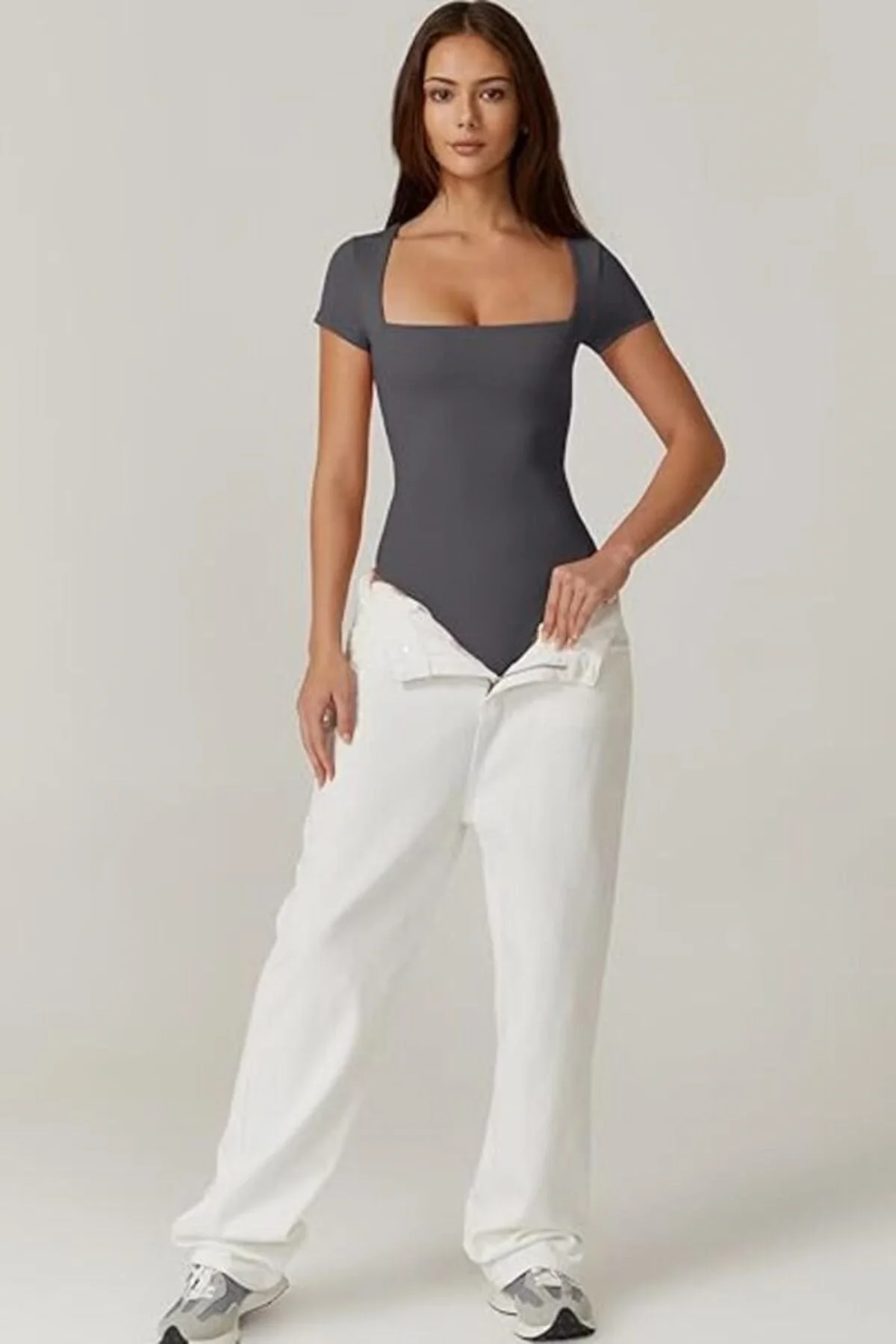 Kadın Kısa Kollu Kare Yaka Çift Kat İpek Jarse Bodysuit K34