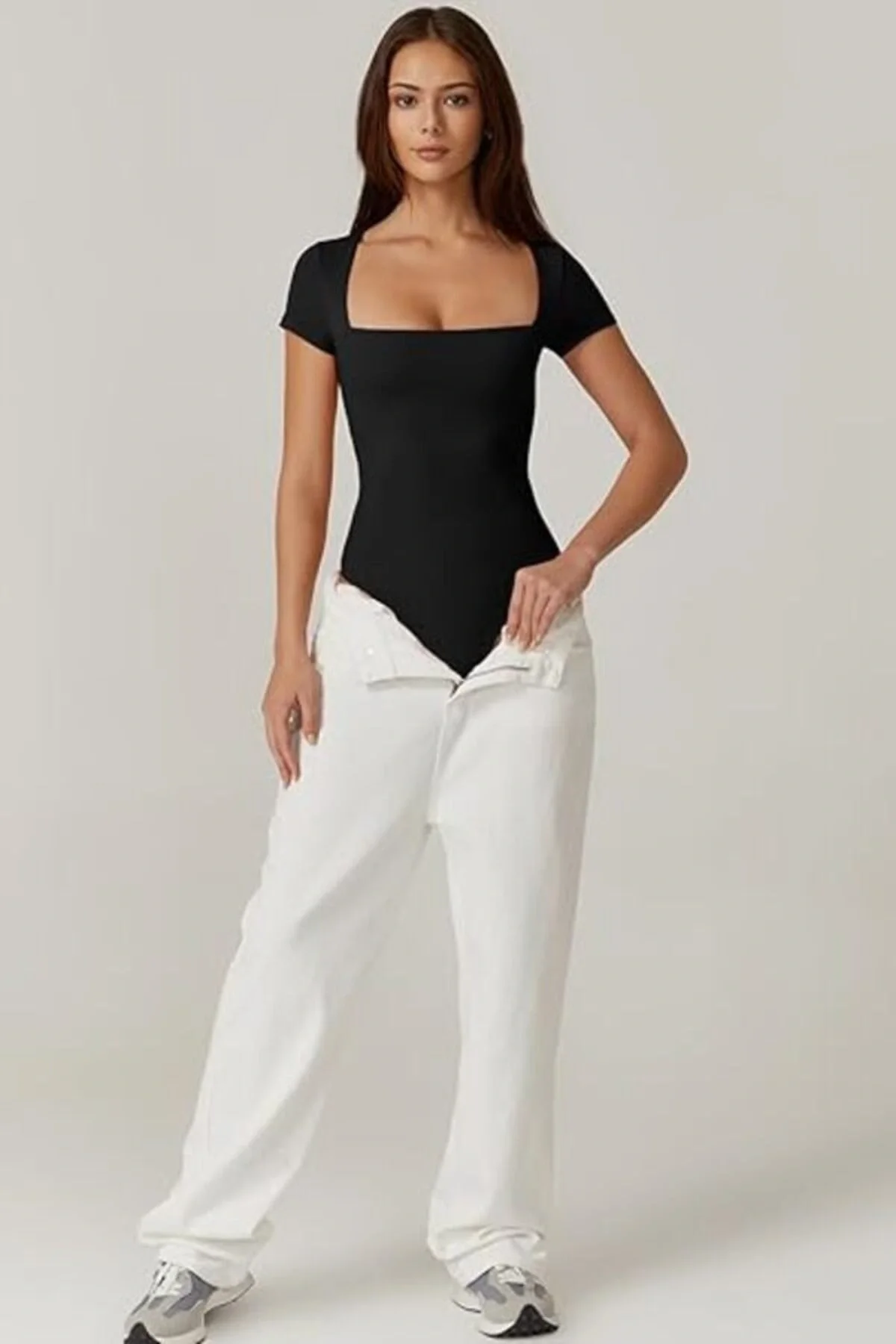 Kadın Siyah Çift Katlı Sandy Kumaş Kare Yaka Kısa Kol Çıtçıtlı Tanga Bodysuit