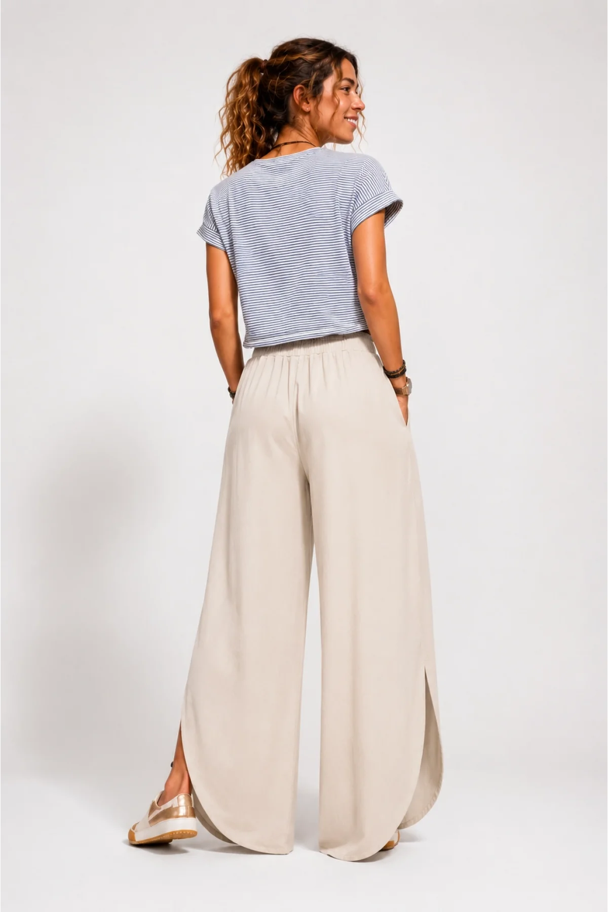 Kadın Krem Keten Yırtmaçlı Kruvaze Bohem Pinterest Geniş Paça Etek Pantolon
