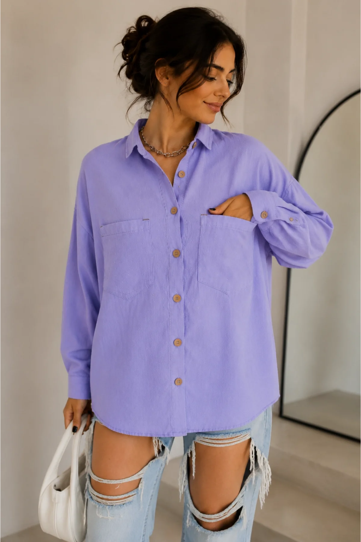 Kadın Lila Pamuklu Keten Çift Cepli Ahşap Düğme Pinterest Oversize Gömlek