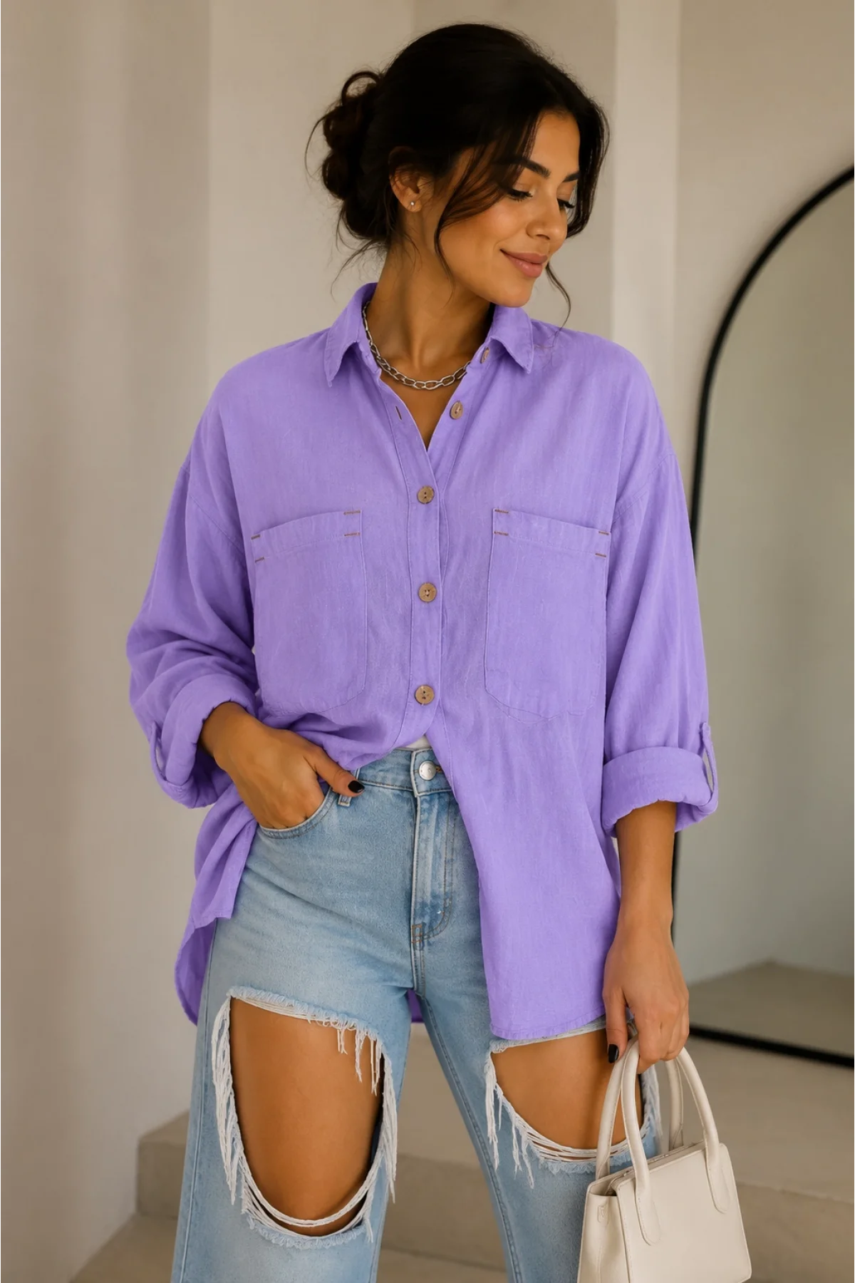 Kadın Lila Pamuklu Keten Çift Cepli Ahşap Düğme Pinterest Oversize Gömlek