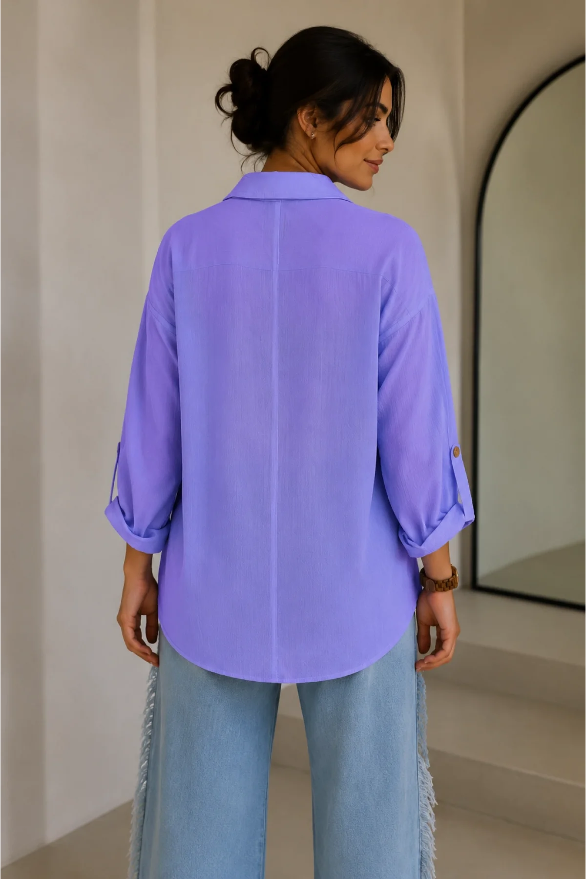 Kadın Lila Pamuklu Keten Çift Cepli Ahşap Düğme Pinterest Oversize Gömlek