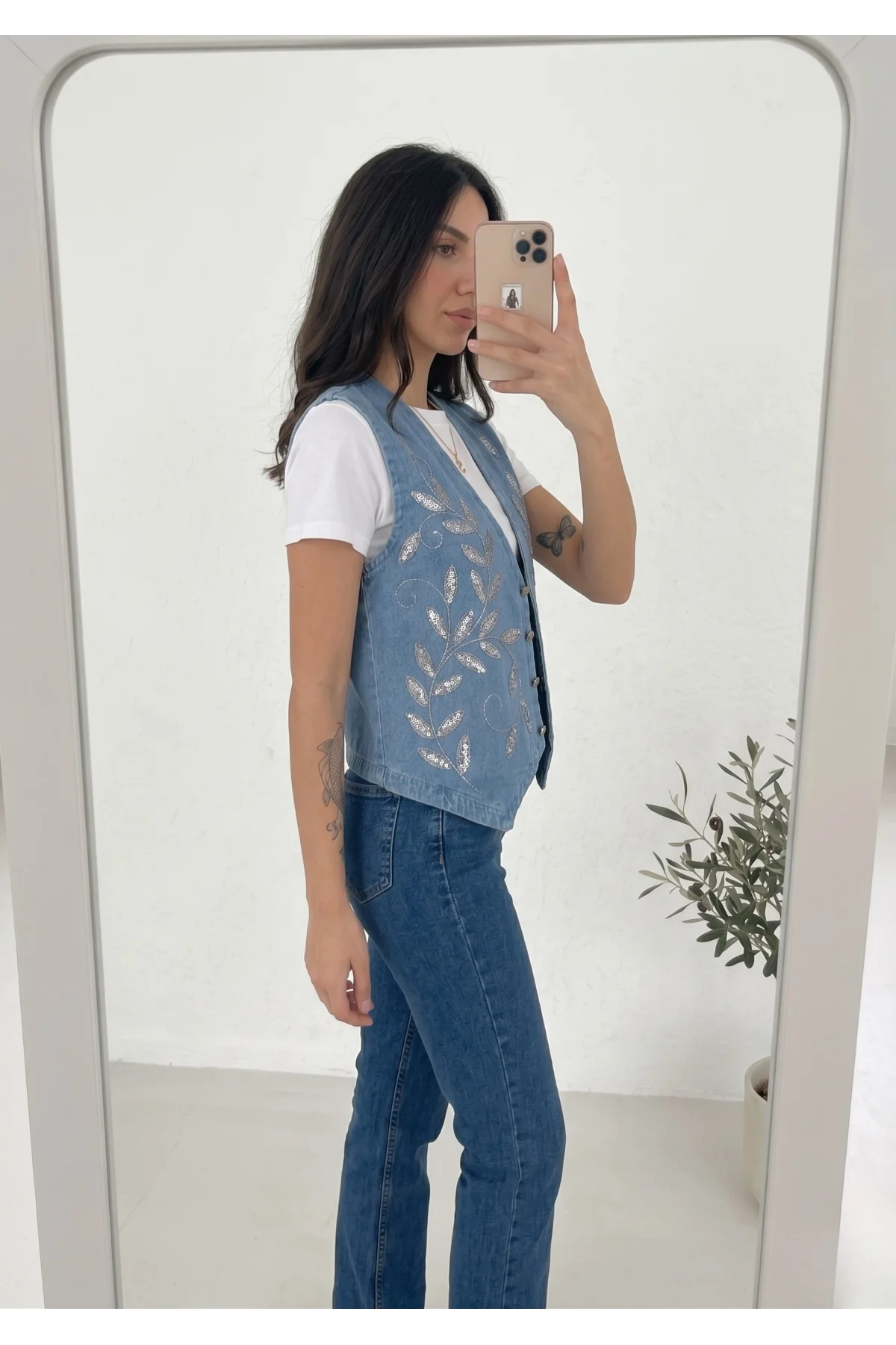 Kadın Mavi Boncuk İşlemeli Jean Yelek Pamuklu V Yaka Denim