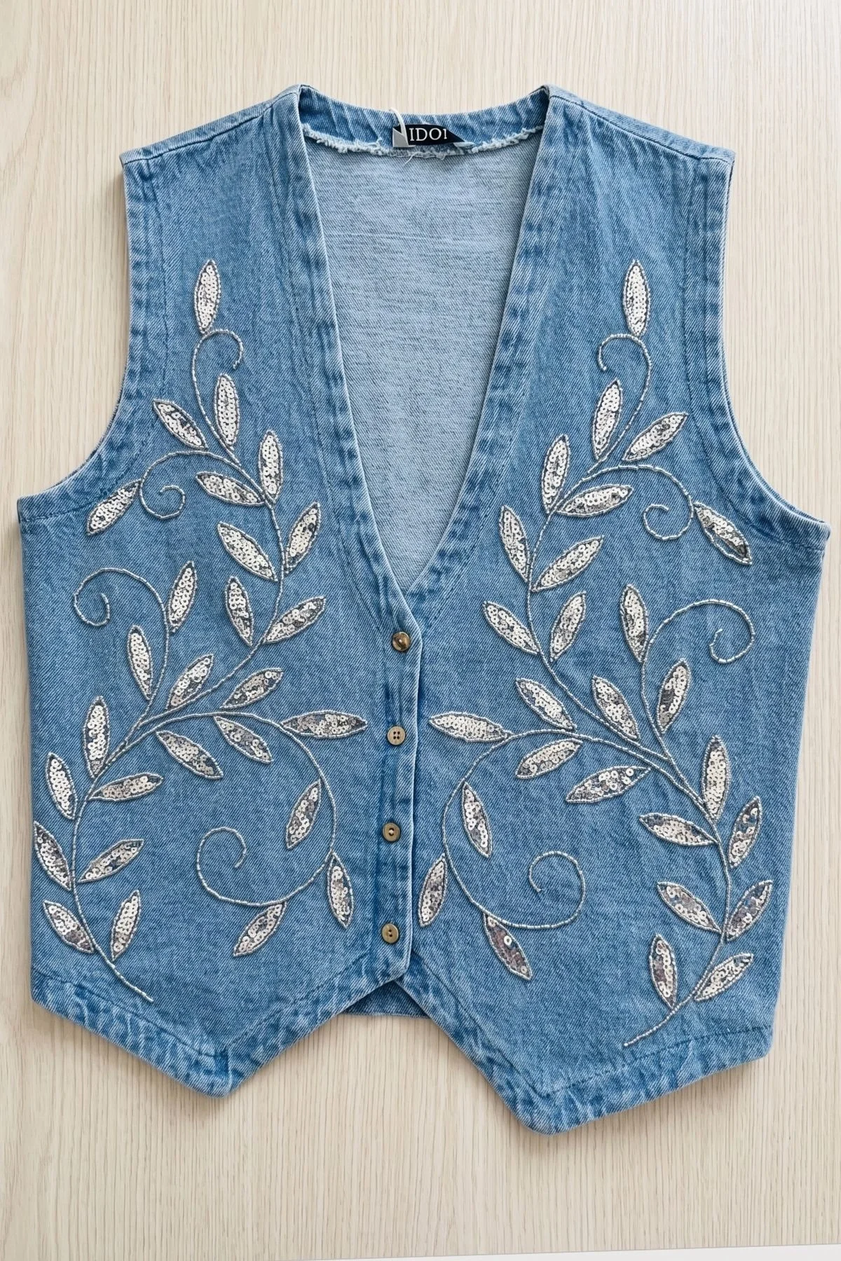 Kadın Mavi Boncuk İşlemeli Jean Yelek Pamuklu V Yaka Denim