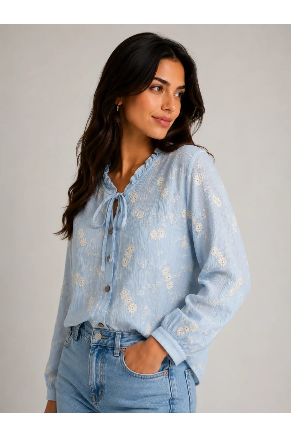 Kadın Mavi Çiçek Nakışlı Pamuklu Bluz Pinterest Bohem Gömlek