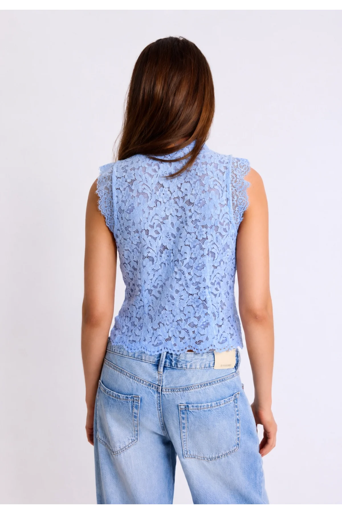 Kadın Mavi Dik Yaka Dantelli Çin Düğmeli Bohem Yelek Crop Bluz
