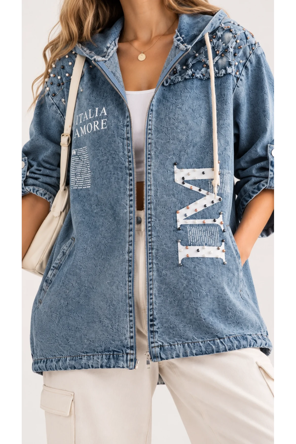 Kadın Mavi Kot Baskılı İnci Detaylı Kapüşonlu Oversize Denim Ceket Kimono
