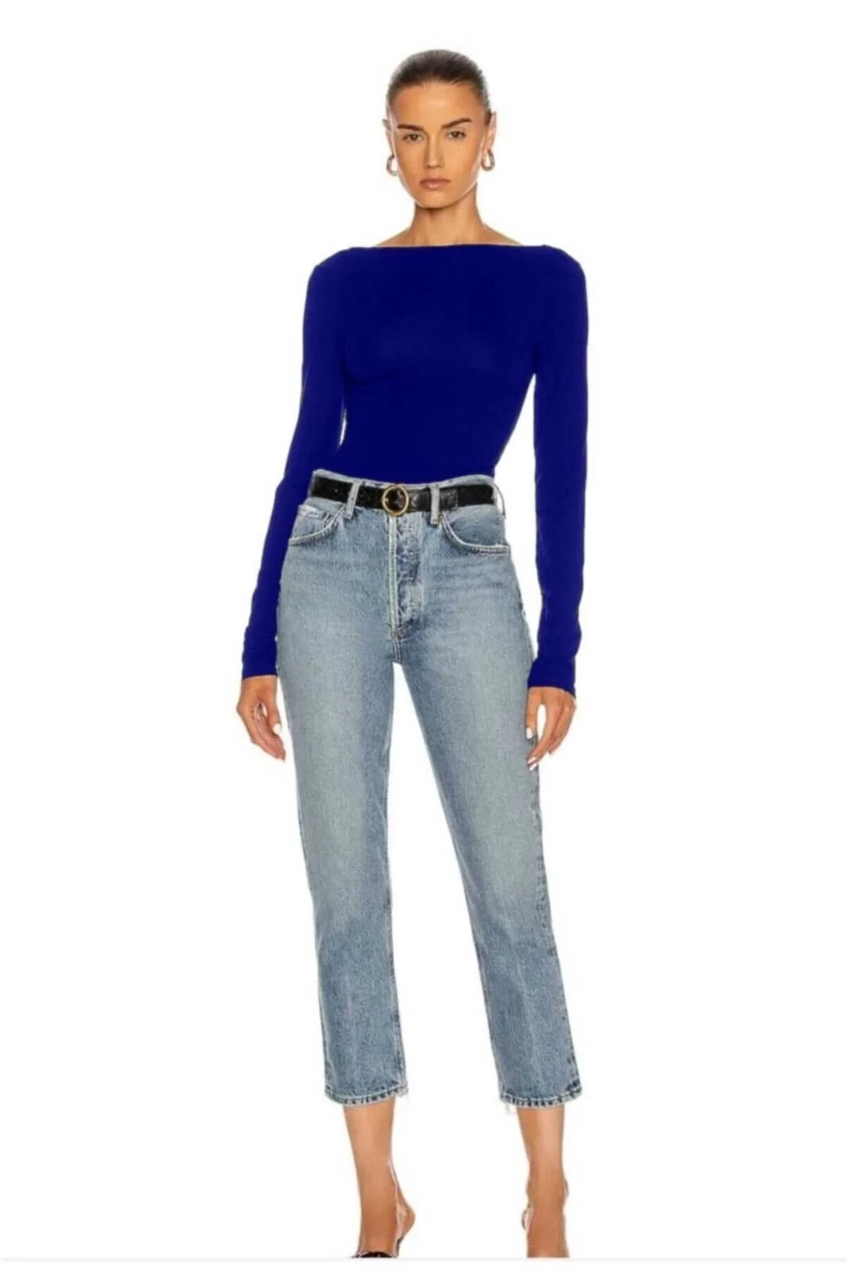 Kadın Mavi Sırt Dekolte Uzun Kollu Bodysuit