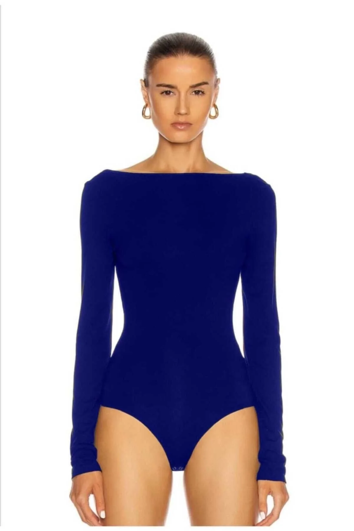 Kadın Mavi Sırt Dekolte Uzun Kollu Bodysuit