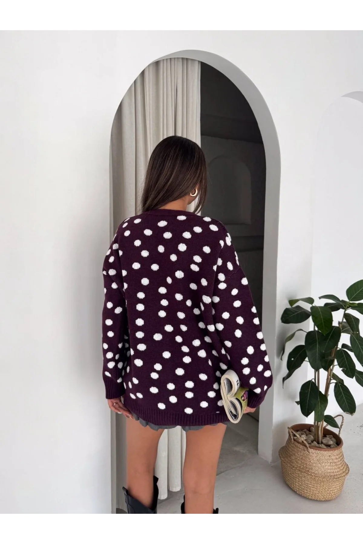 Kadın Mor Puantiyeli Oversize Düğmeli Pamuklu Triko Hırka