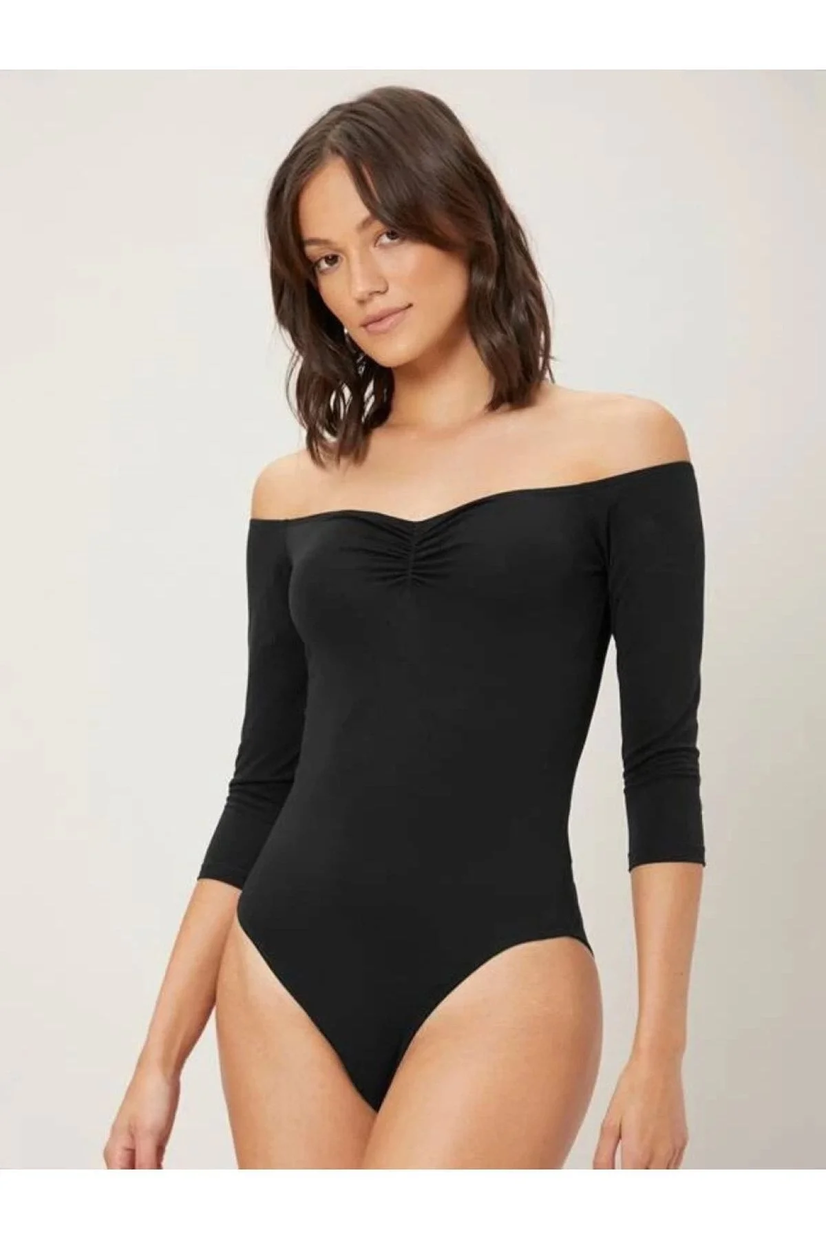 Kadın Siyah Madonna Yaka Çift Katlı Sandy Kumaş Çıtçıtlı Bodysuit