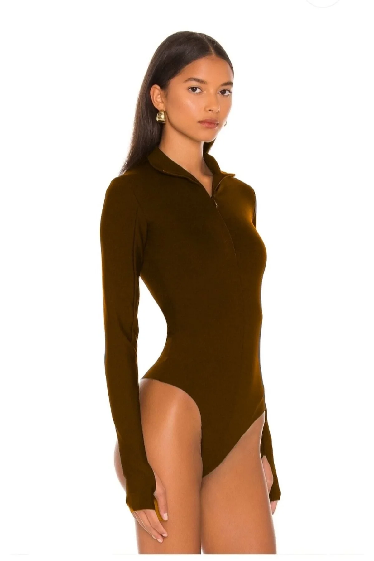 Kadın Kahverengi Dik Yaka Fermuarlı Uzun Kollu Parmak Geçmeli Sandy Kumaş Bodysuit Zıbın