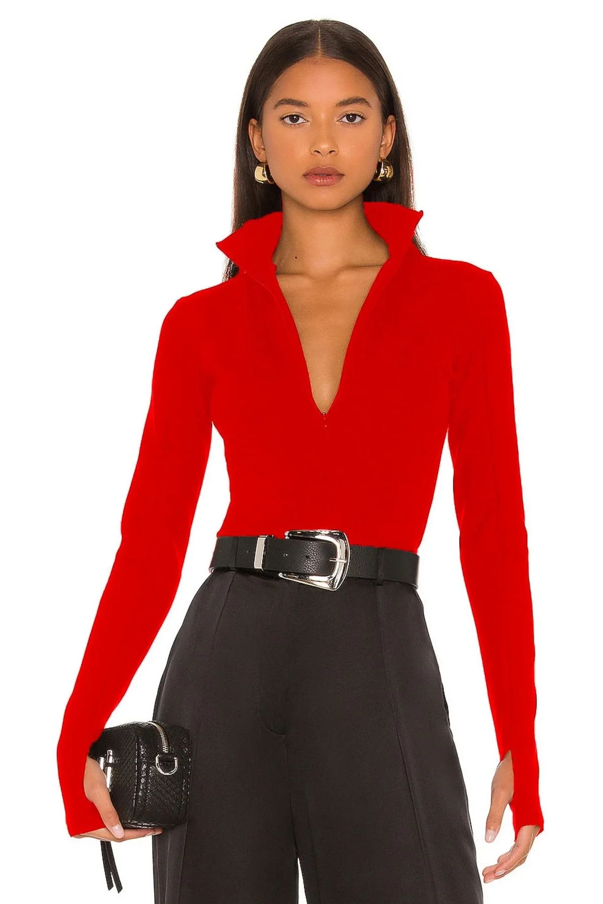 Kadın Kırmızı Dik Yaka Fermuarlı Uzun Kollu Parmak Geçmeli Sandy Kumaş Bodysuit Zıbın