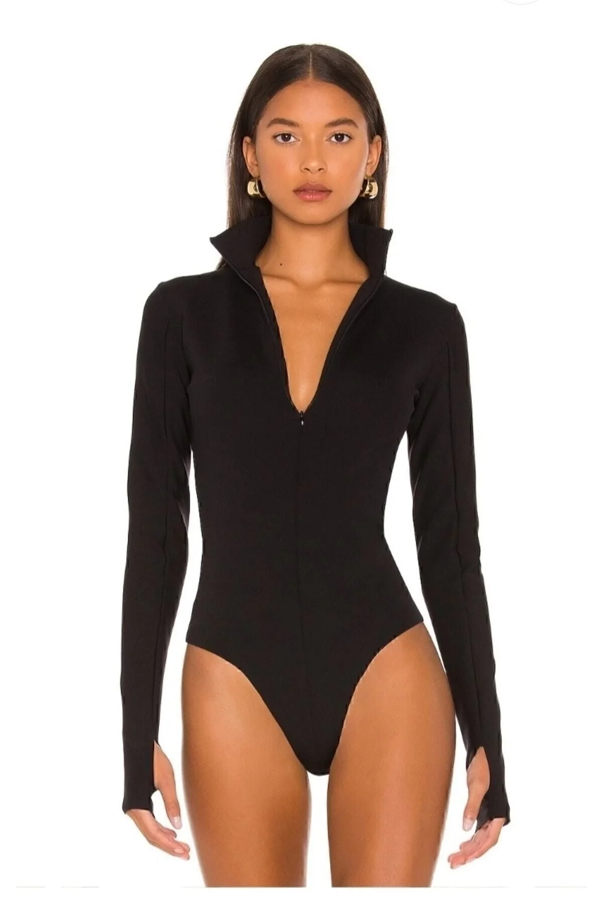 Kadın Siyah Dik Yaka Fermuarlı Uzun Kollu Parmak Geçmeli Sandy Kumaş Bodysuit Zıbın