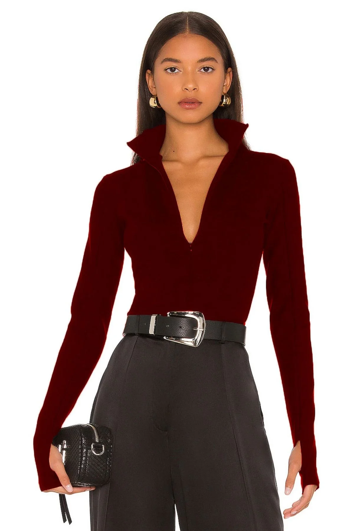 Kadın Bordo Dik Yaka Fermuarlı Uzun Kollu Parmak Geçmeli Sandy Kumaş Bodysuit Zıbın