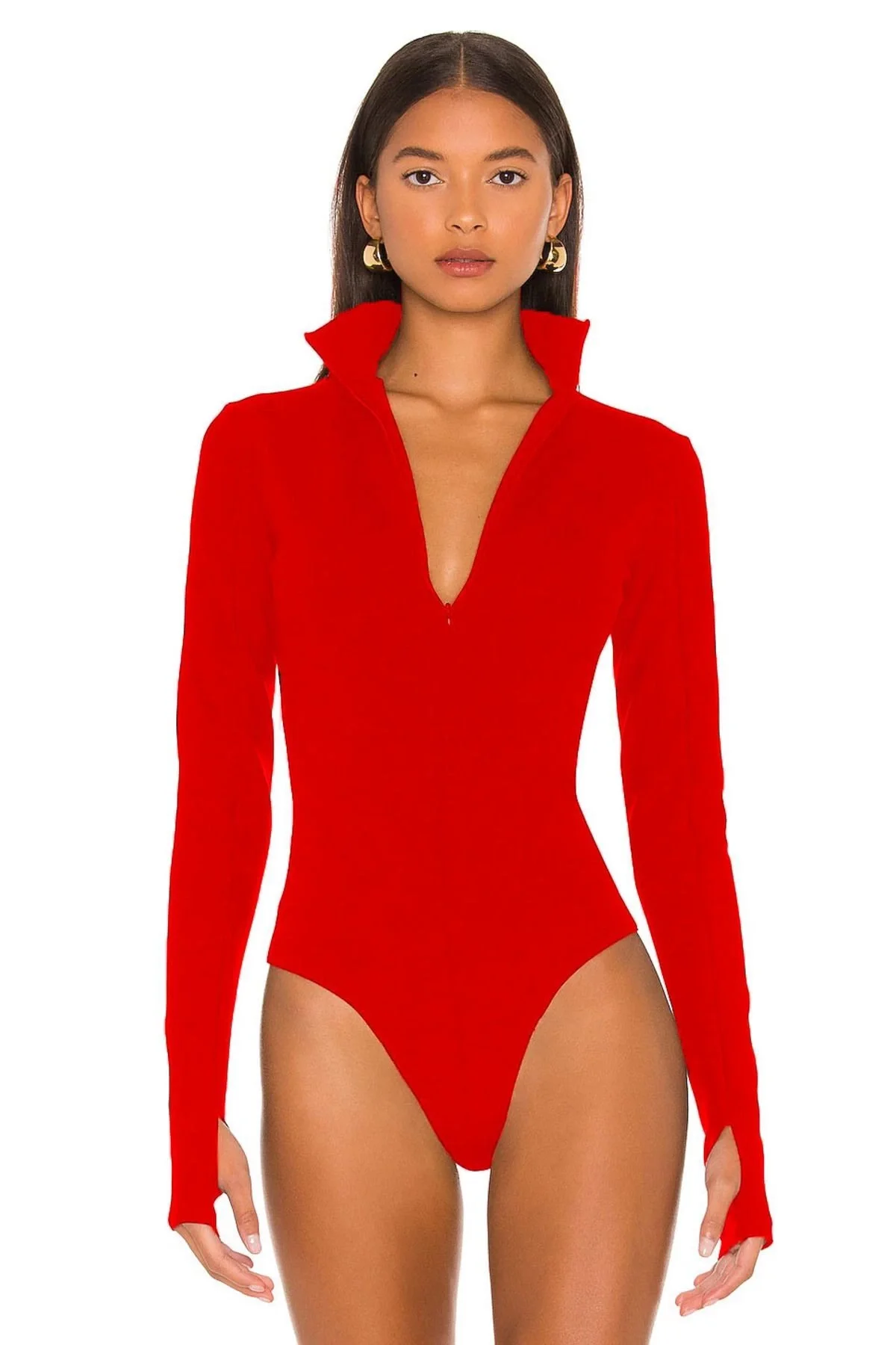 Kadın Kırmızı Dik Yaka Fermuarlı Uzun Kollu Parmak Geçmeli Sandy Kumaş Bodysuit Zıbın