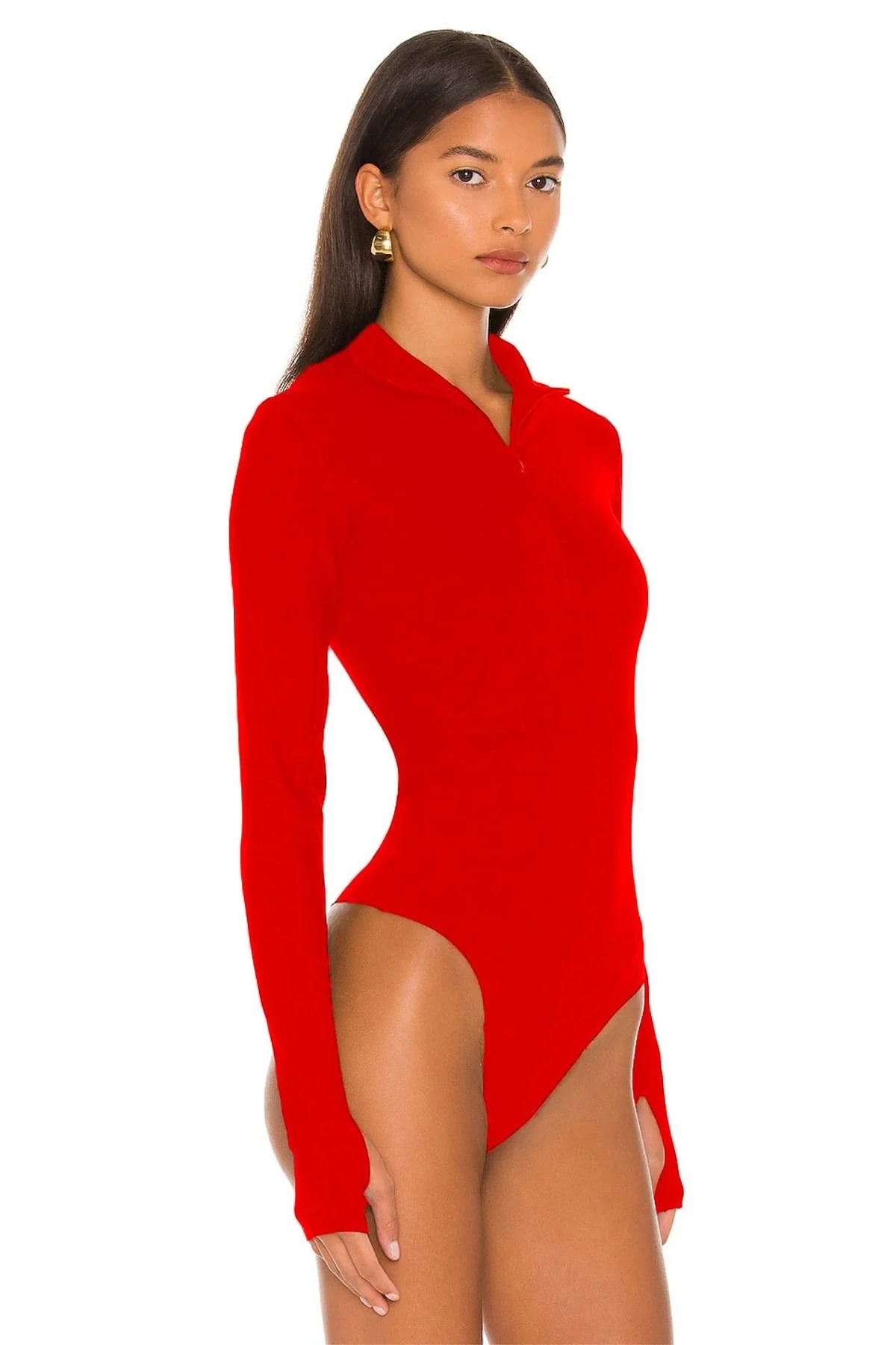 Kadın Kırmızı Dik Yaka Fermuarlı Uzun Kollu Parmak Geçmeli Sandy Kumaş Bodysuit Zıbın