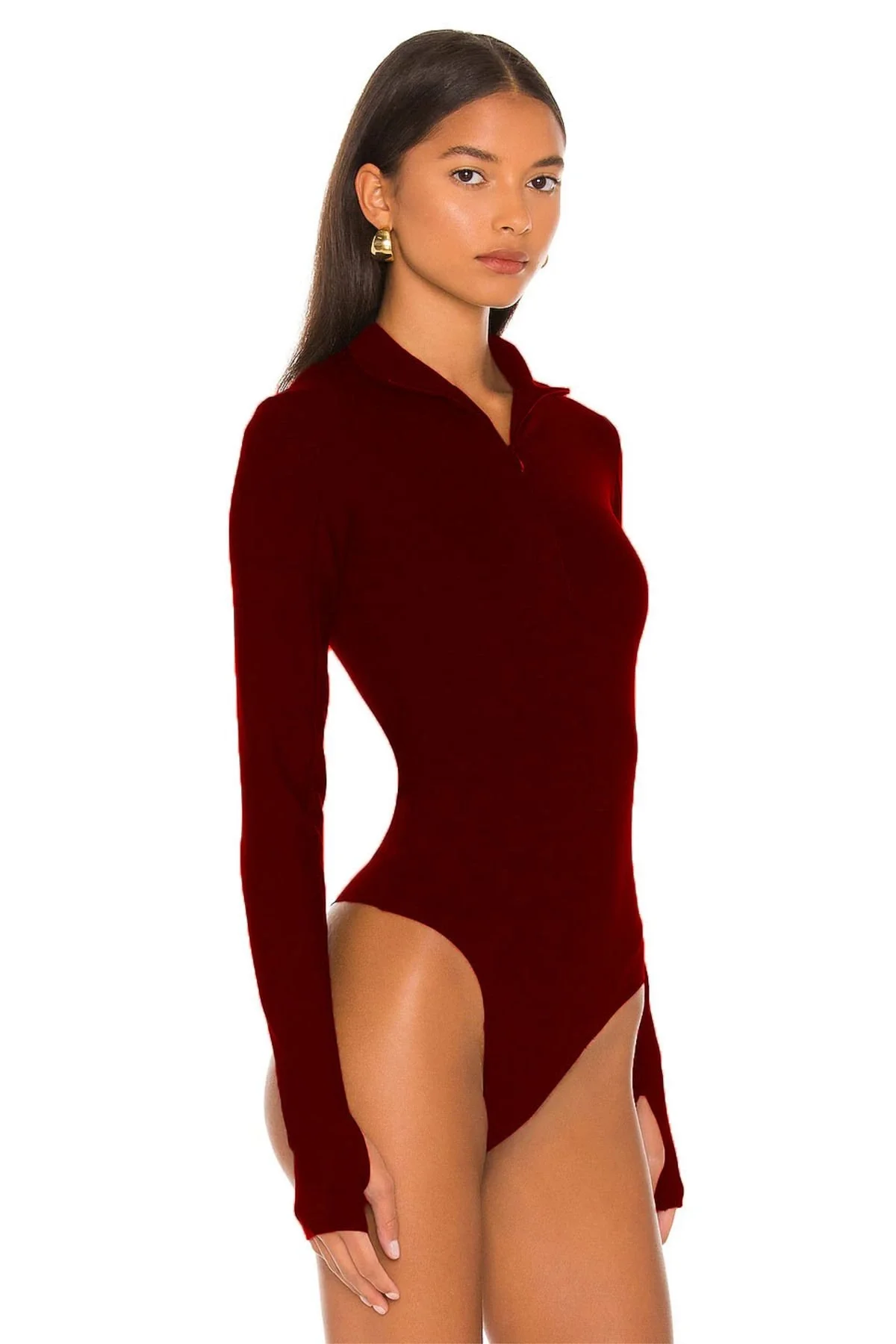 Kadın Bordo Dik Yaka Fermuarlı Uzun Kollu Parmak Geçmeli Sandy Kumaş Bodysuit Zıbın