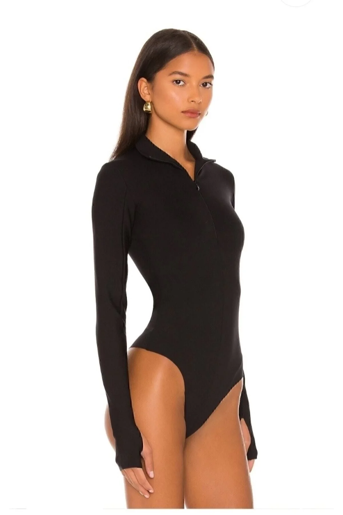 Kadın Siyah Dik Yaka Fermuarlı Uzun Kollu Parmak Geçmeli Sandy Kumaş Bodysuit Zıbın