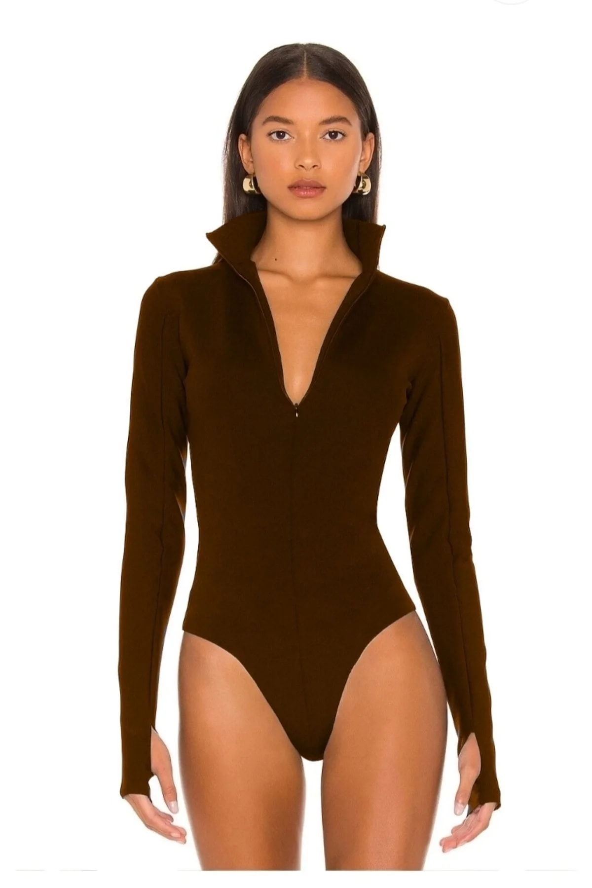 Kadın Kahverengi Dik Yaka Fermuarlı Uzun Kollu Parmak Geçmeli Sandy Kumaş Bodysuit Zıbın