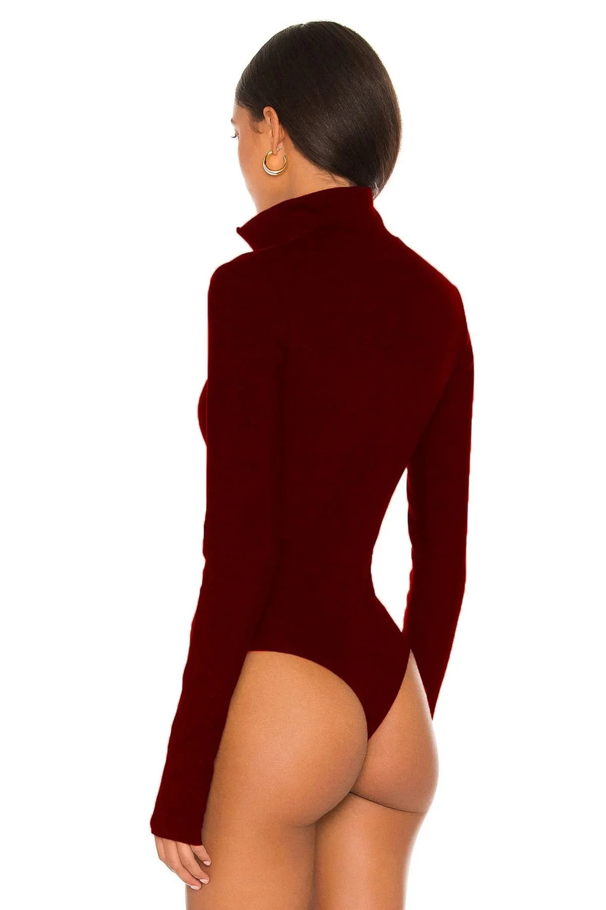 Kadın Bordo Dik Yaka Fermuarlı Uzun Kollu Parmak Geçmeli Sandy Kumaş Bodysuit Zıbın