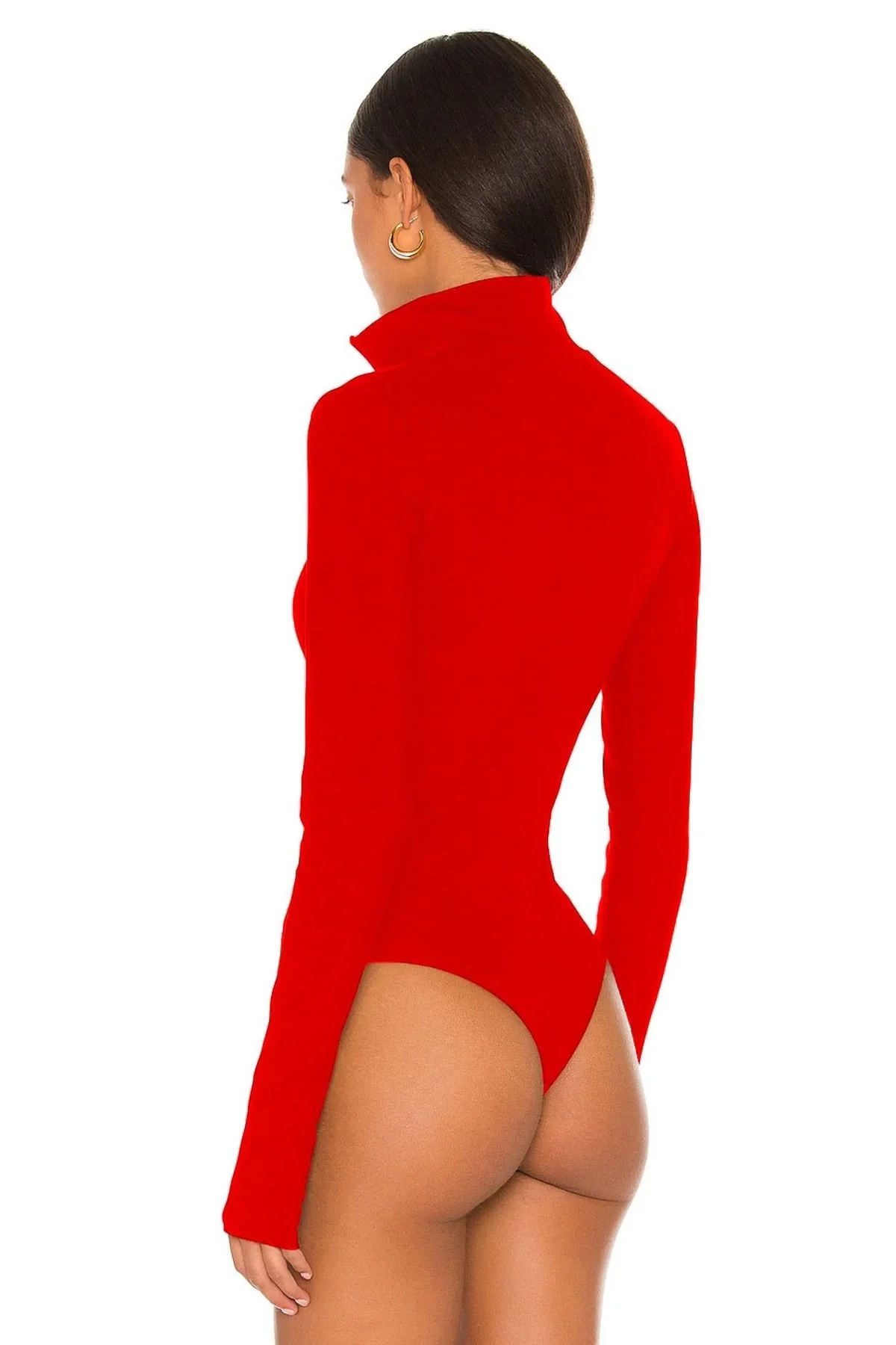 Kadın Kırmızı Dik Yaka Fermuarlı Uzun Kollu Parmak Geçmeli Sandy Kumaş Bodysuit Zıbın