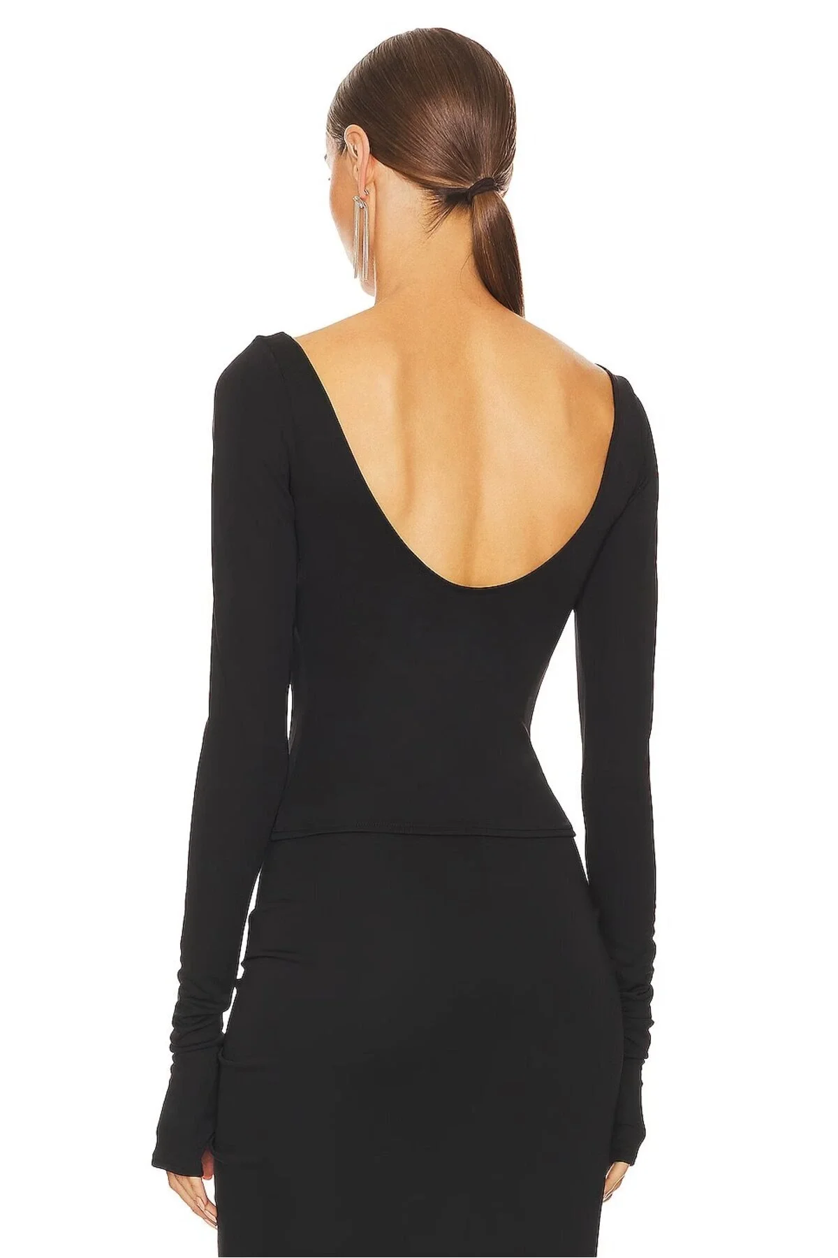 Kadın Siyah Kayık Yaka Sırt Dekolteli Parmak Geçirmeli Çift Katlı Sandy Bluz