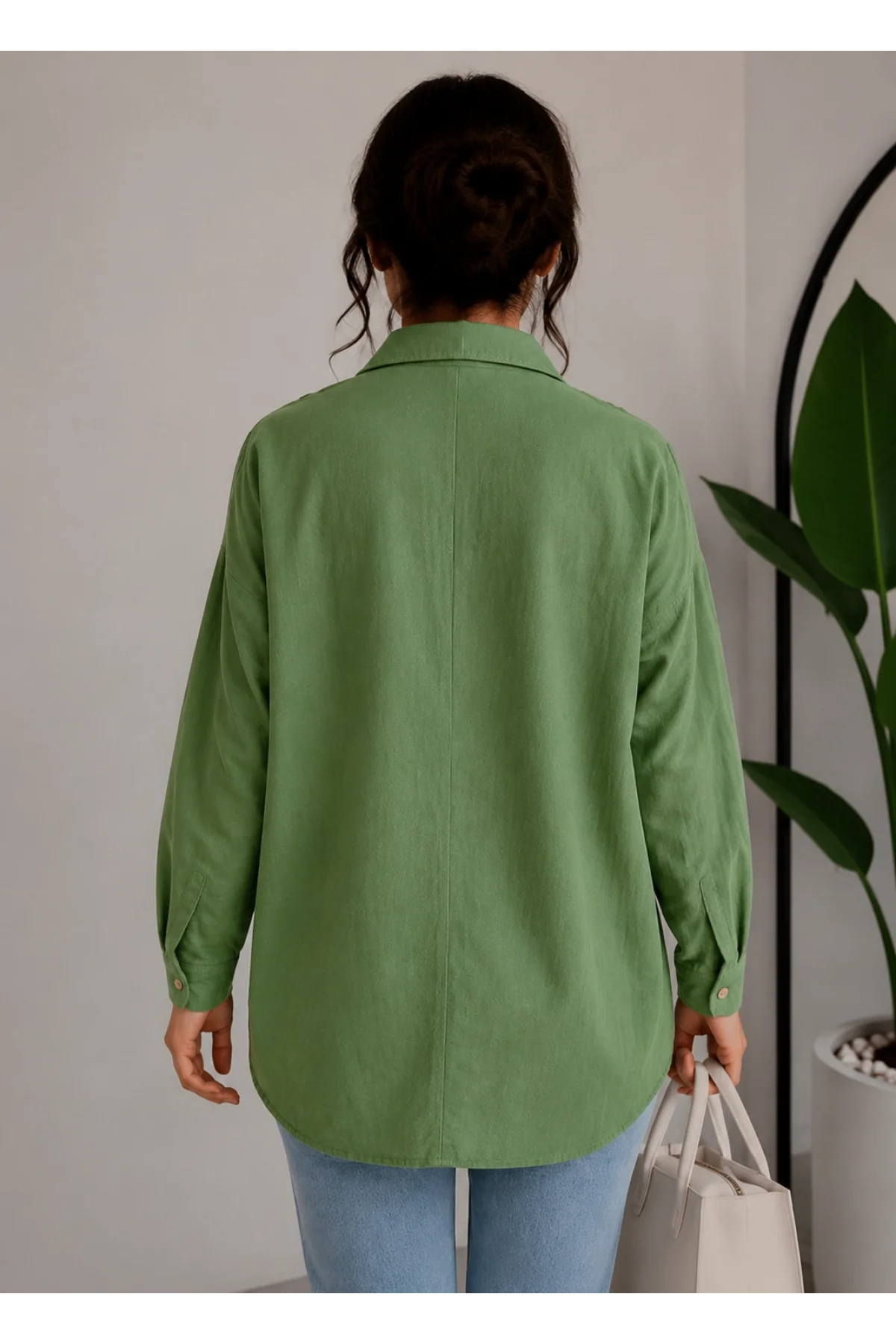 Kadın Yağ Yeşili Pamuklu Keten Tek Cepli Bohem Pinterest Oversize Gömlek