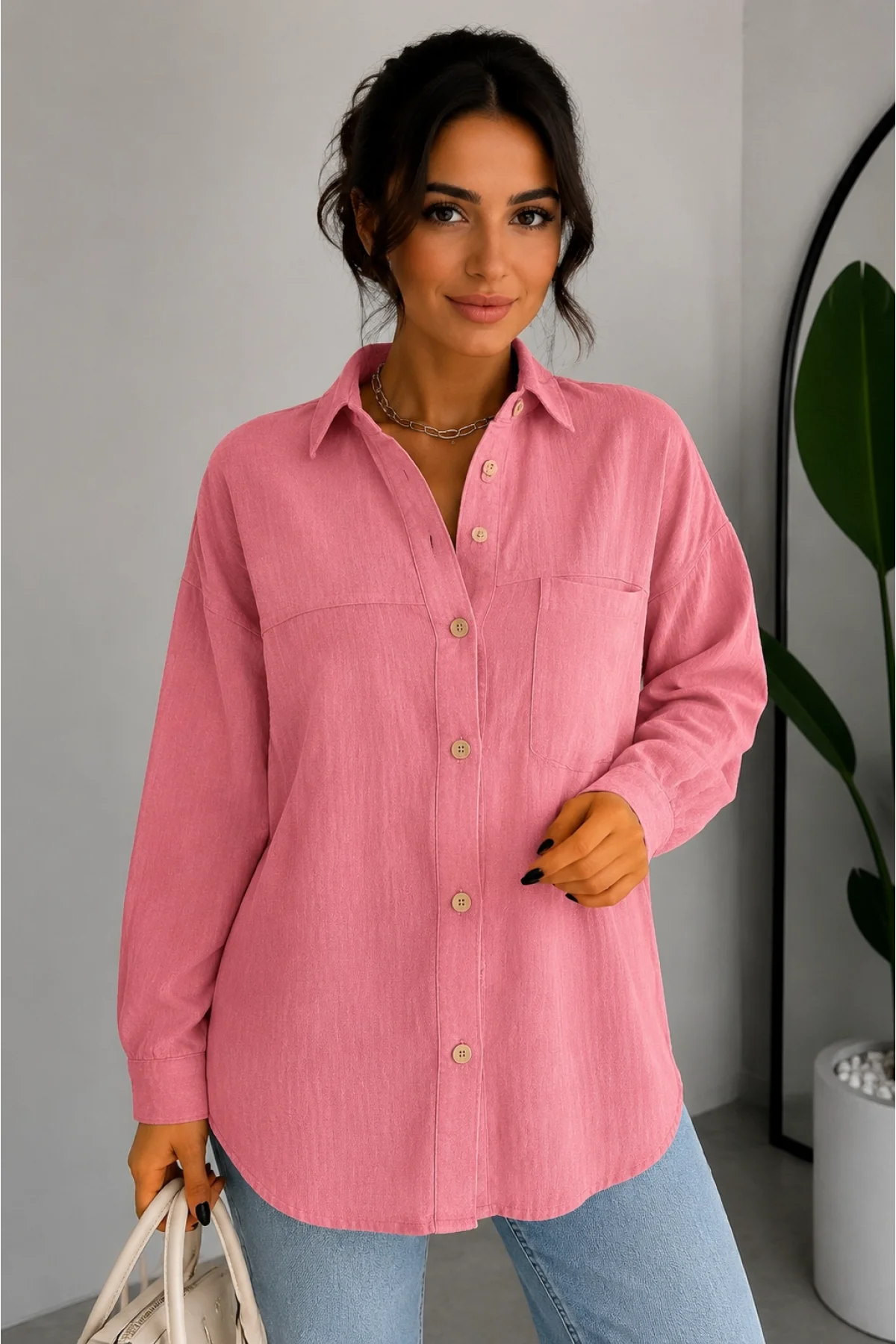 Kadın Pembe Pamuklu Keten Tek Cepli Bohem Pinterest Oversize Gömlek