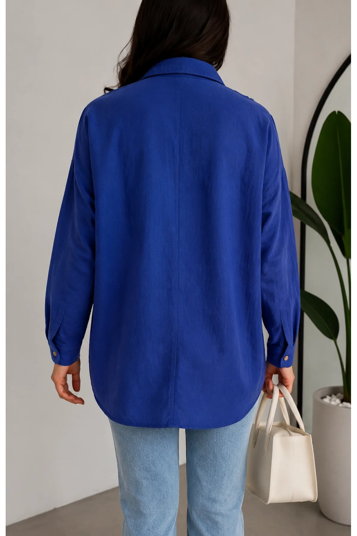 Kadın Lacivert Pamuklu Keten Tek Cepli Bohem Pinterest Oversize Gömlek