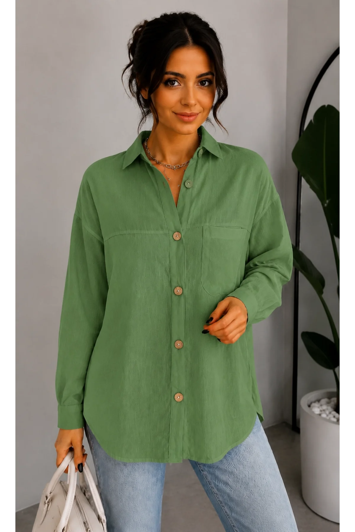 Kadın Yağ Yeşili Pamuklu Keten Tek Cepli Bohem Pinterest Oversize Gömlek